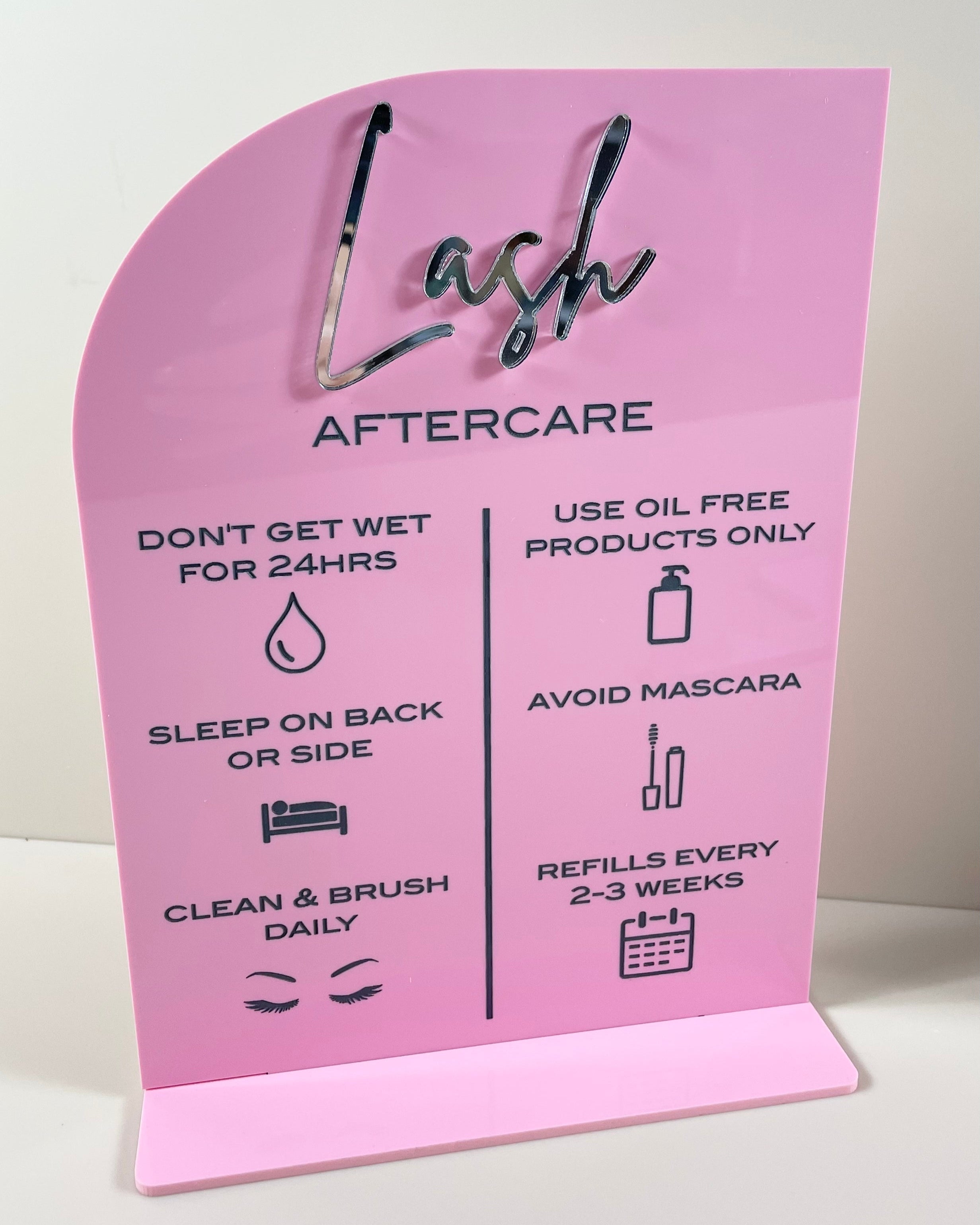 Glossy pink lash aftercare info sign for beauty salons