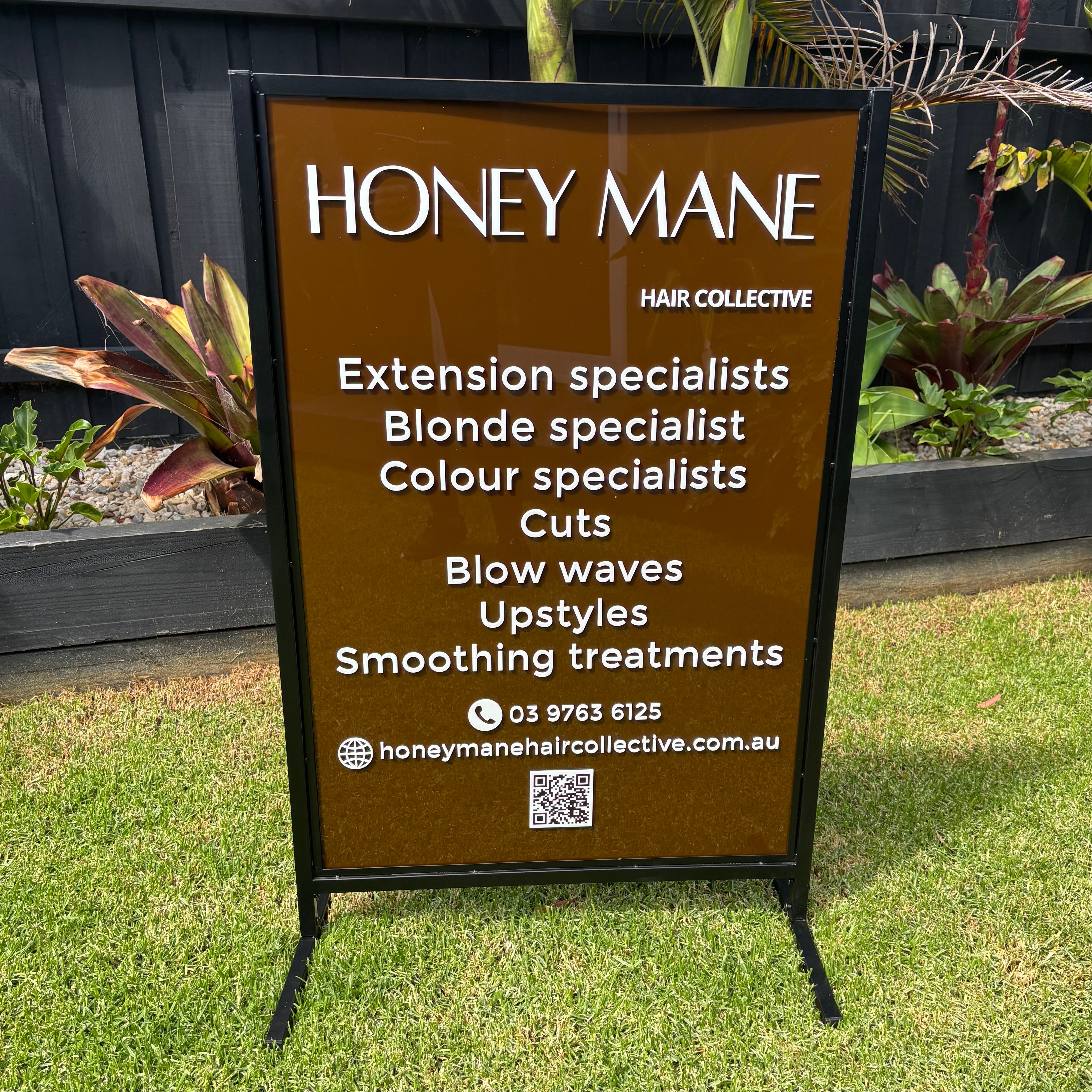 Custom T-frame business sign Australia, double sided outdoor salon signage with UV printed acrylic panel, hairdresser advertising sign with QR code and contact details