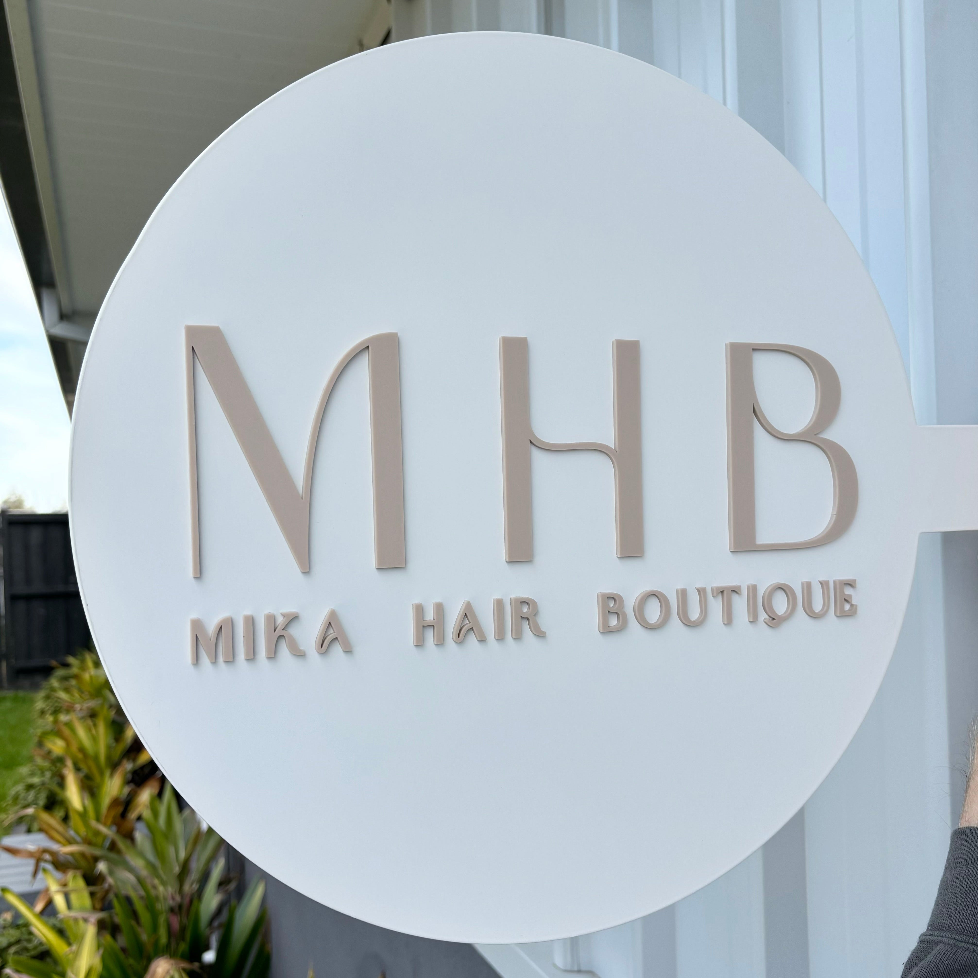 Custom round acrylic blade sign for MHB Mika Hair Boutique