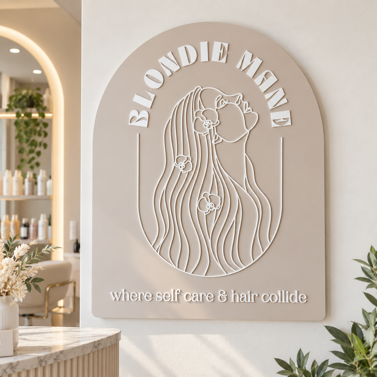Custom arched acrylic business sign with raised white 3D lettering and floral woman logo for Blondie Mane, displayed on a modern hair salon wall.