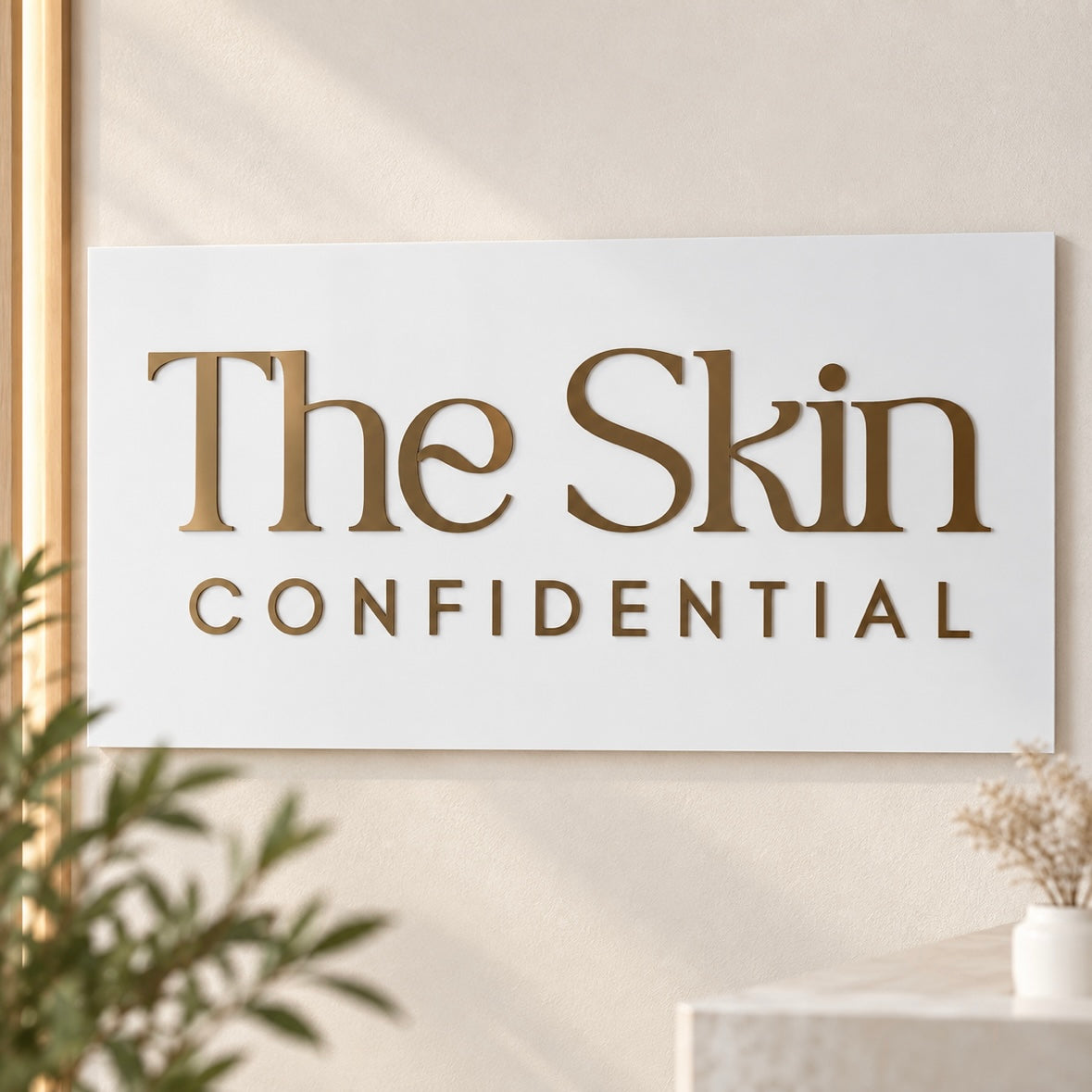 Custom rectangular acrylic business sign with raised bronze mirror lettering for The Skin Confidential, displayed on a modern beauty clinic wall.
