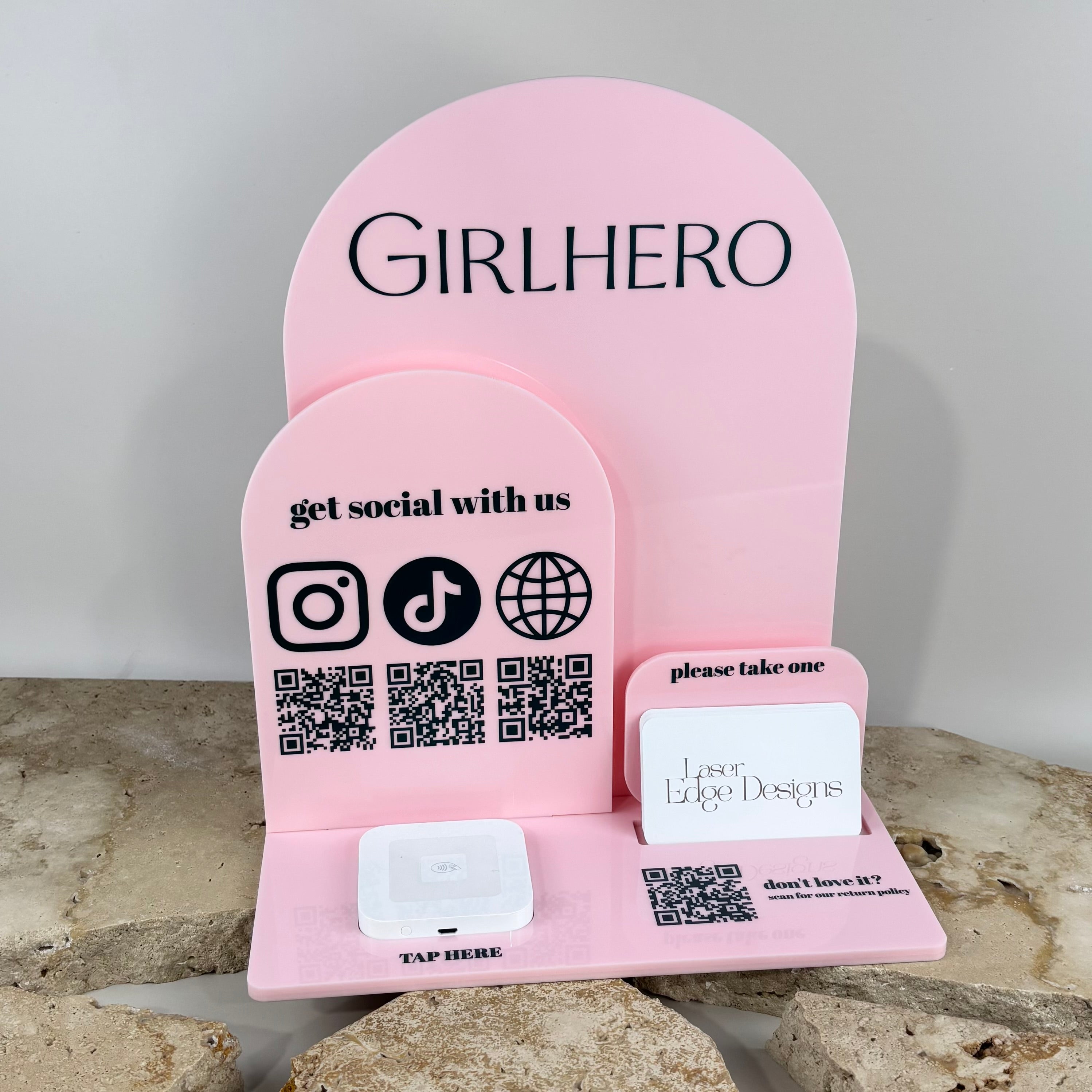 Custom pink acrylic NFC business station with QR codes and social media icons, freestanding countertop display for salons and retail, tap to connect NFC stand with business card holder, modern branding signage Australia.