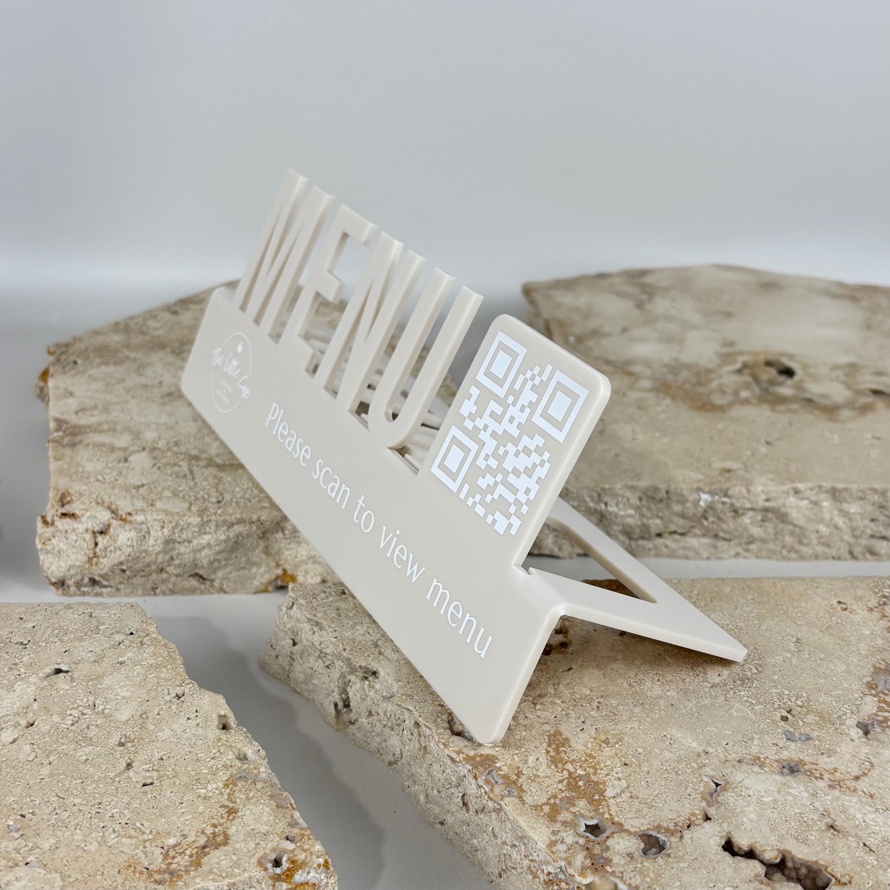 Side view of QR code menu acrylic table sign scan to view menu