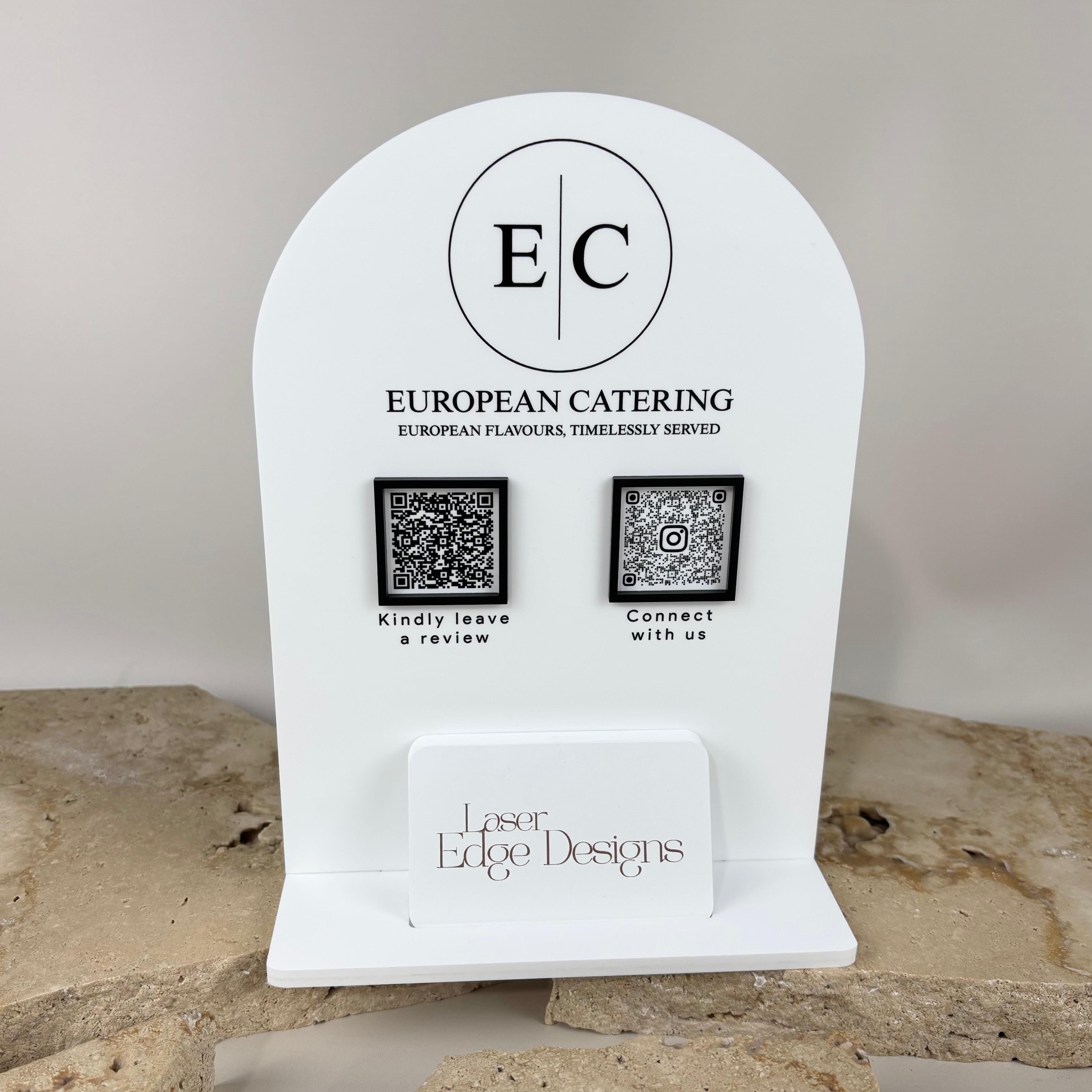 Custom acrylic QR code stand with business card holder for reception desks and business counters