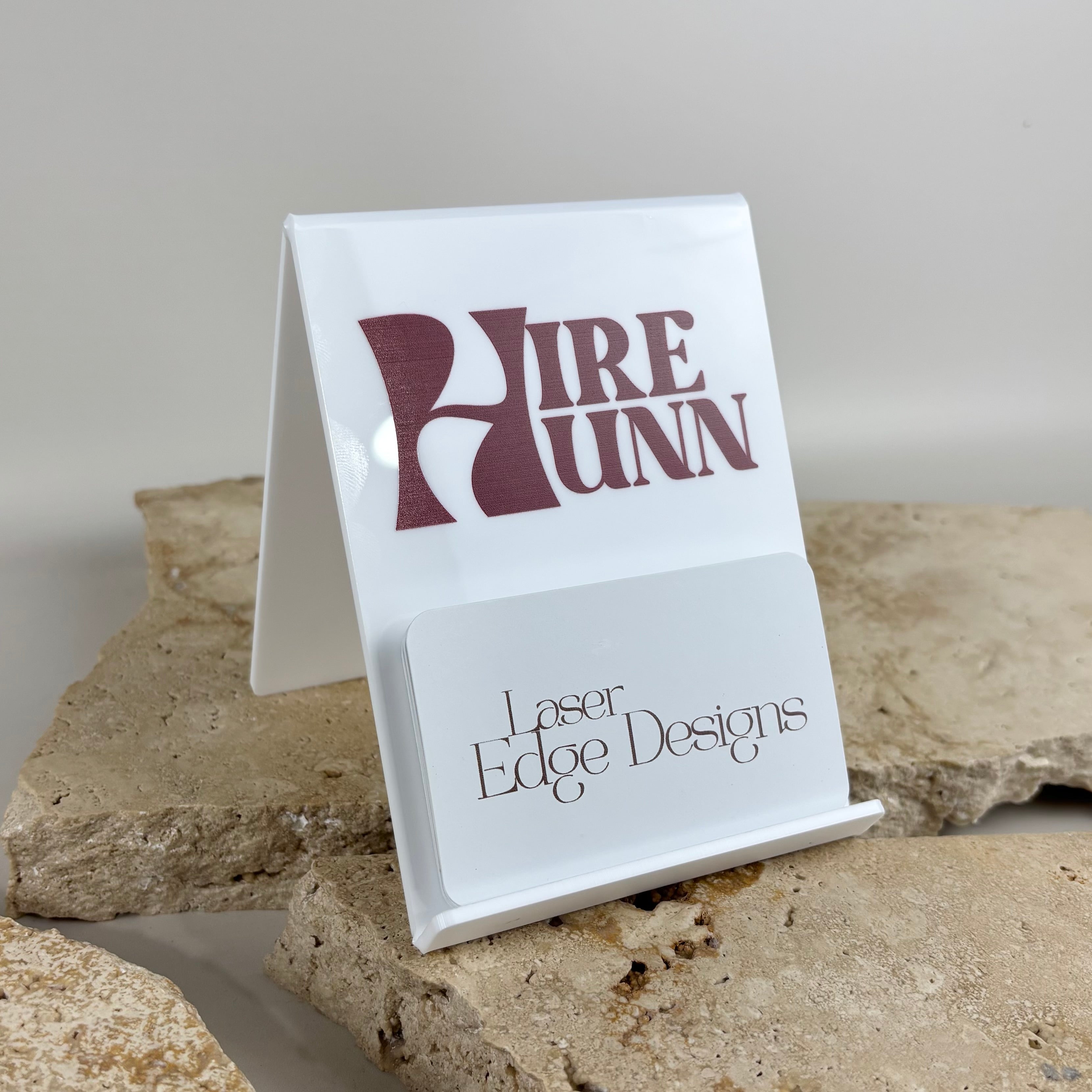 Custom acrylic business card holder with branded logo display for salons, boutiques and small businesses. White acrylic countertop business card stand with UV printed logo branding for reception desks, market stalls, beauty salons and retail displays in Australia.