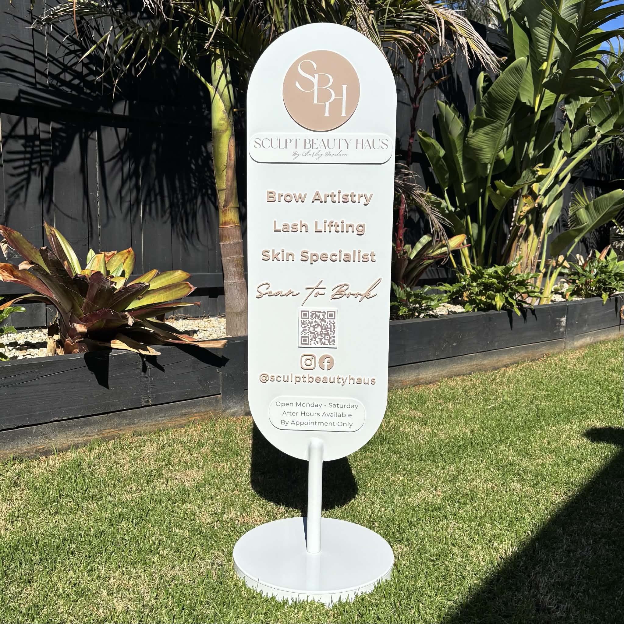 Custom oval business display sign with 3D acrylic lettering, freestanding salon signage with menu services, double sided acrylic sign for beauty salon outdoor display Australia