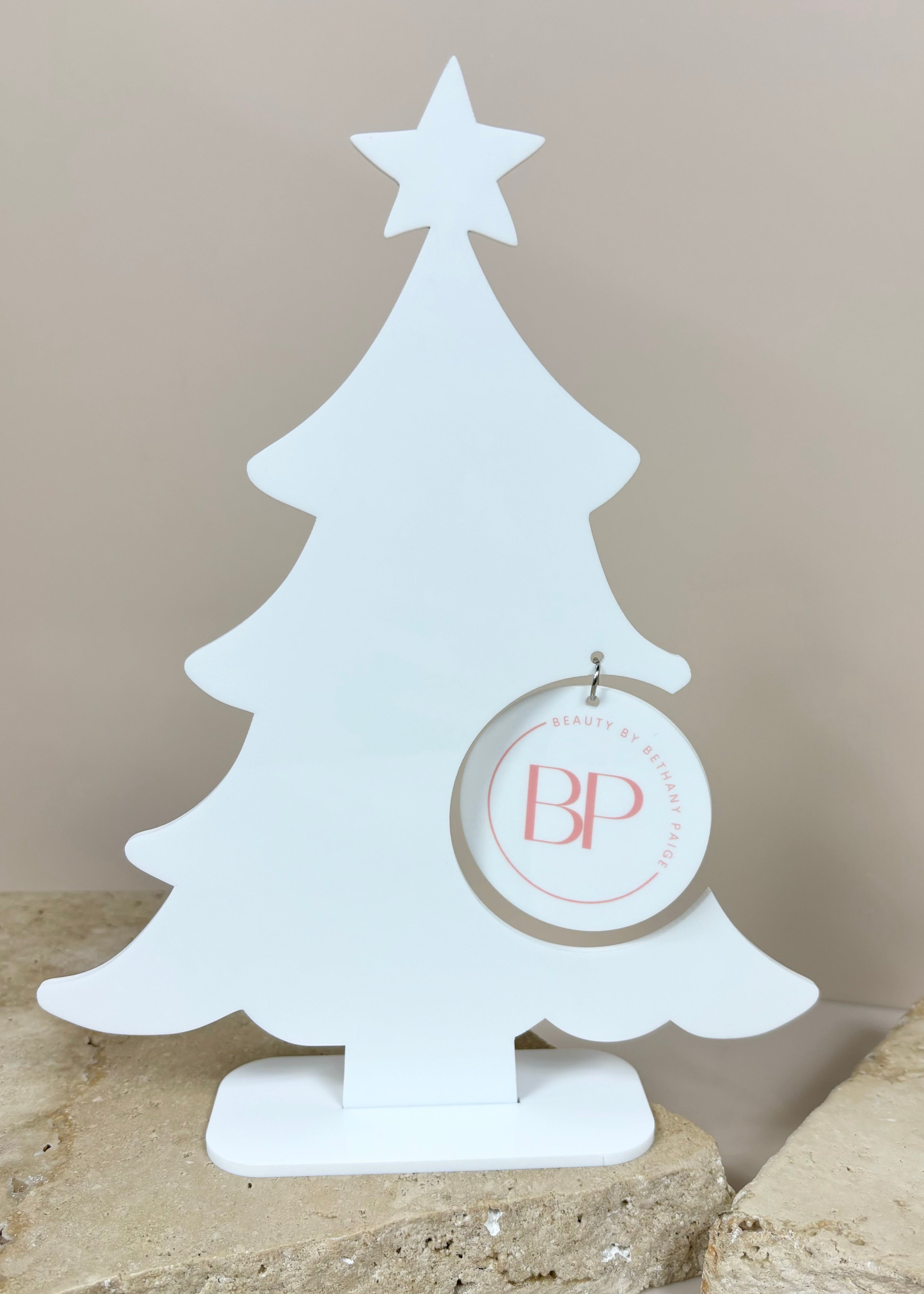 Custom acrylic branded Christmas tree ornament display for business branding
