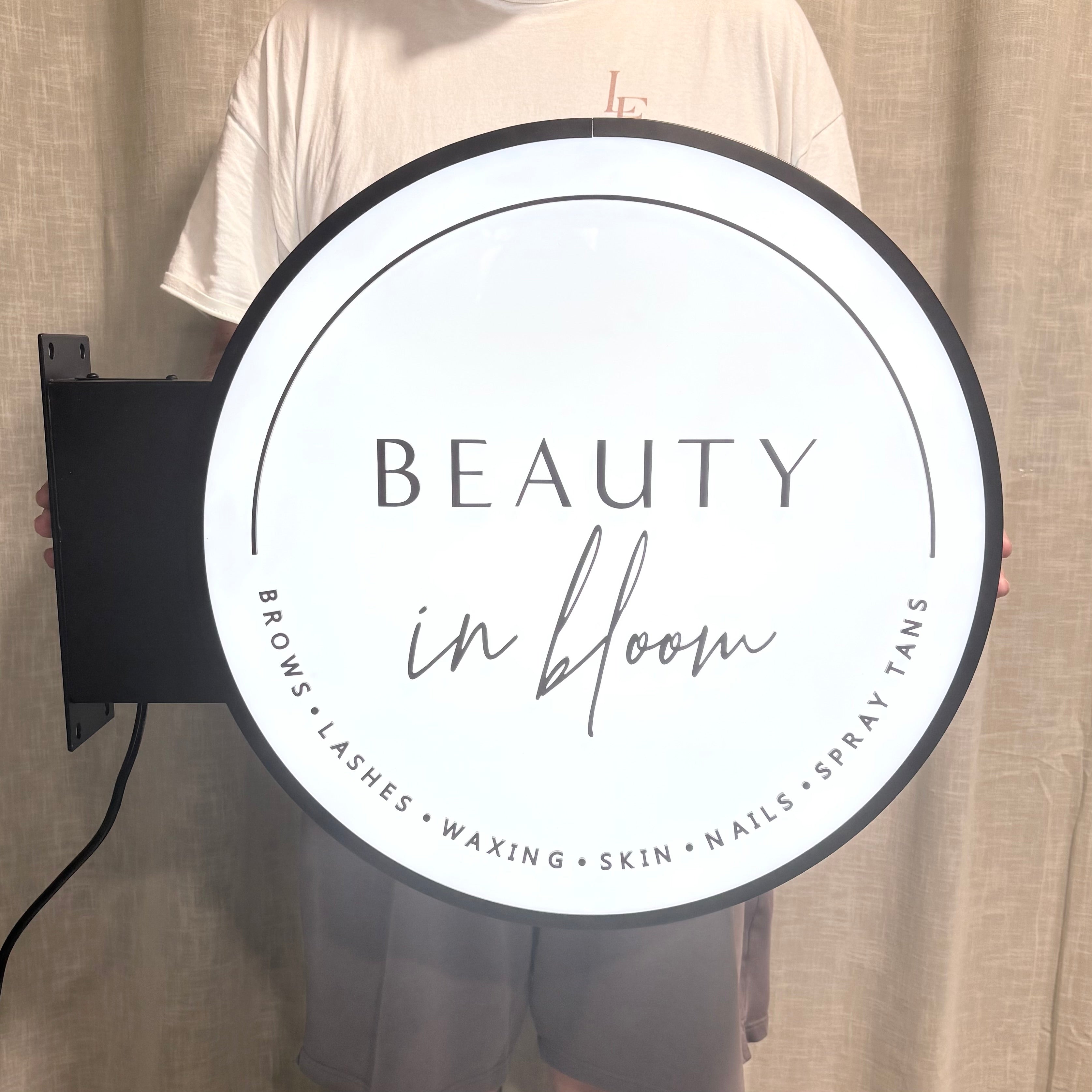 Custom round LED light box sign with wall mounting bracket, illuminated 3D acrylic salon business sign Australia