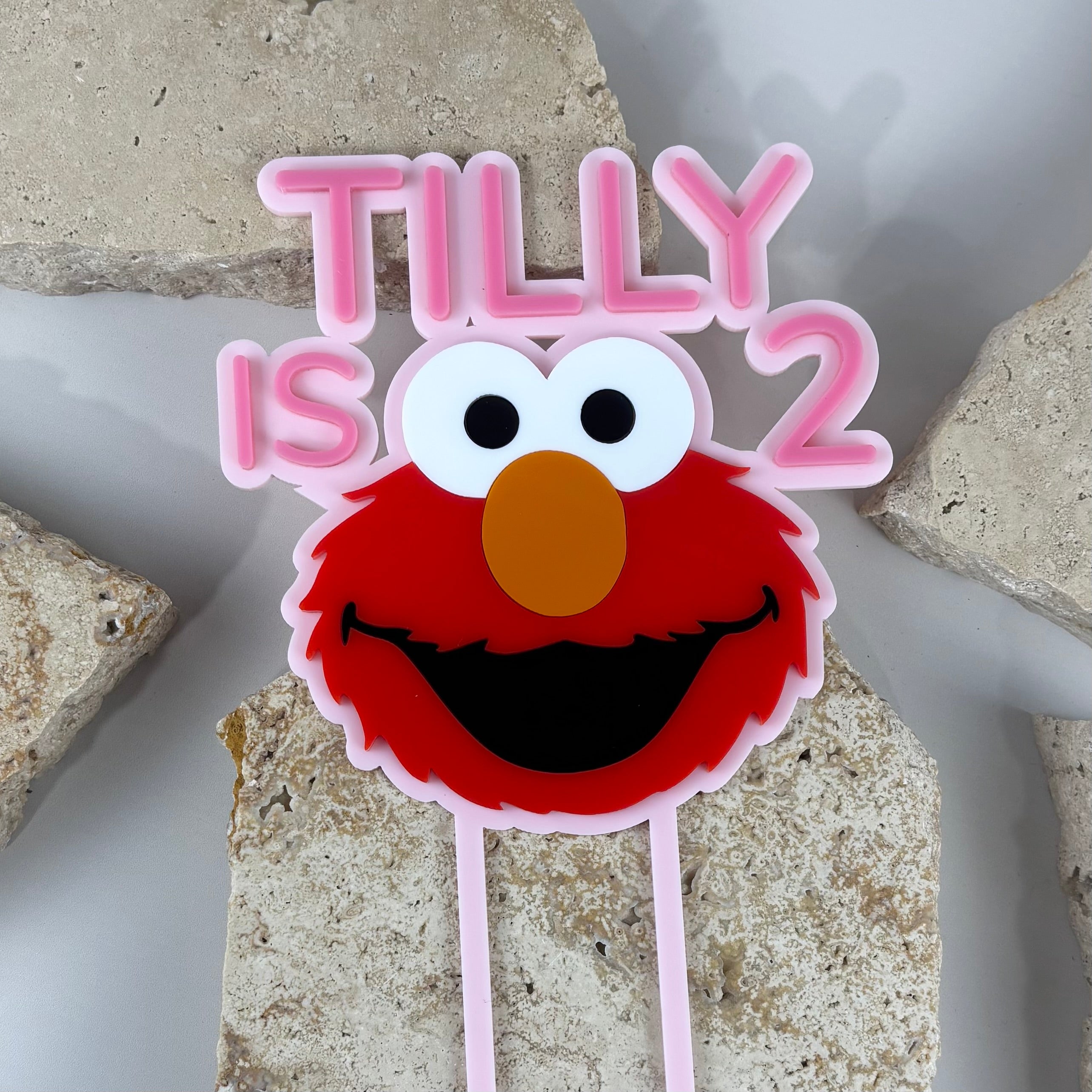 Personalised red monster inspired acrylic cake topper with pink lettering, custom age birthday cake topper, layered acrylic kids birthday cake decoration, cute character themed topper for girls birthday parties