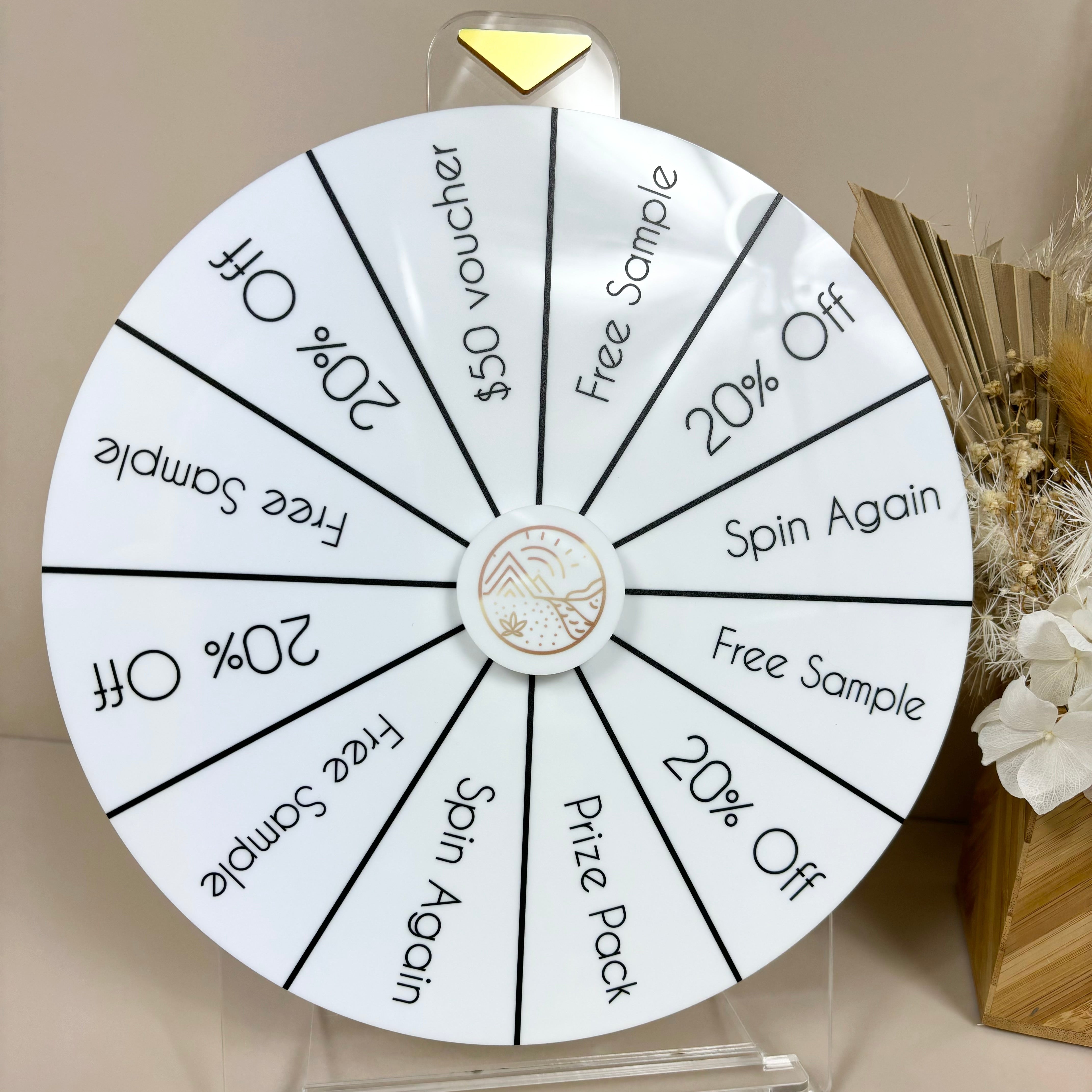 White and black prize wheel with spin again sections for trade show events