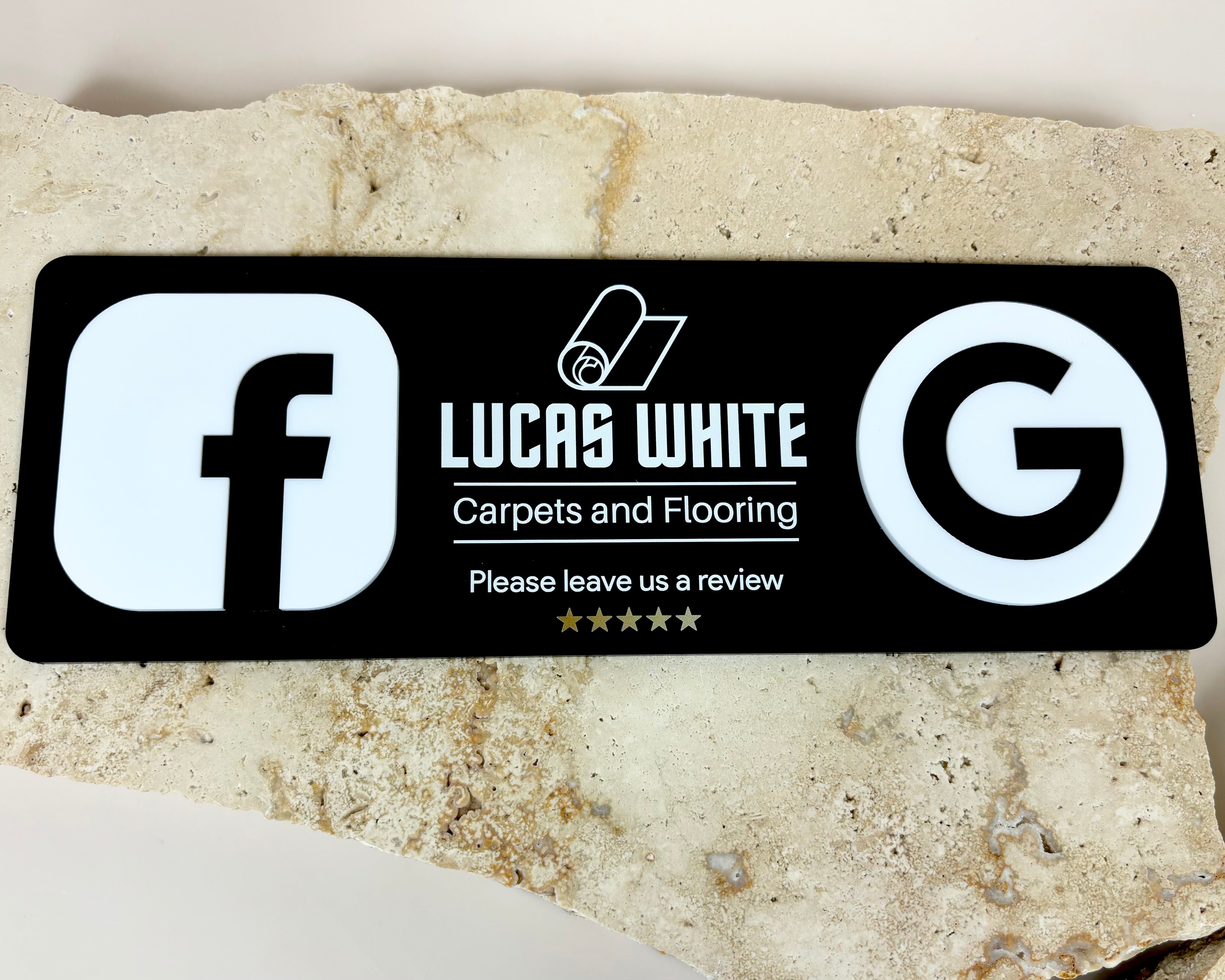 Black NFC social plaque with Facebook and Google icons, customised for Lucas White Carpets and Flooring.