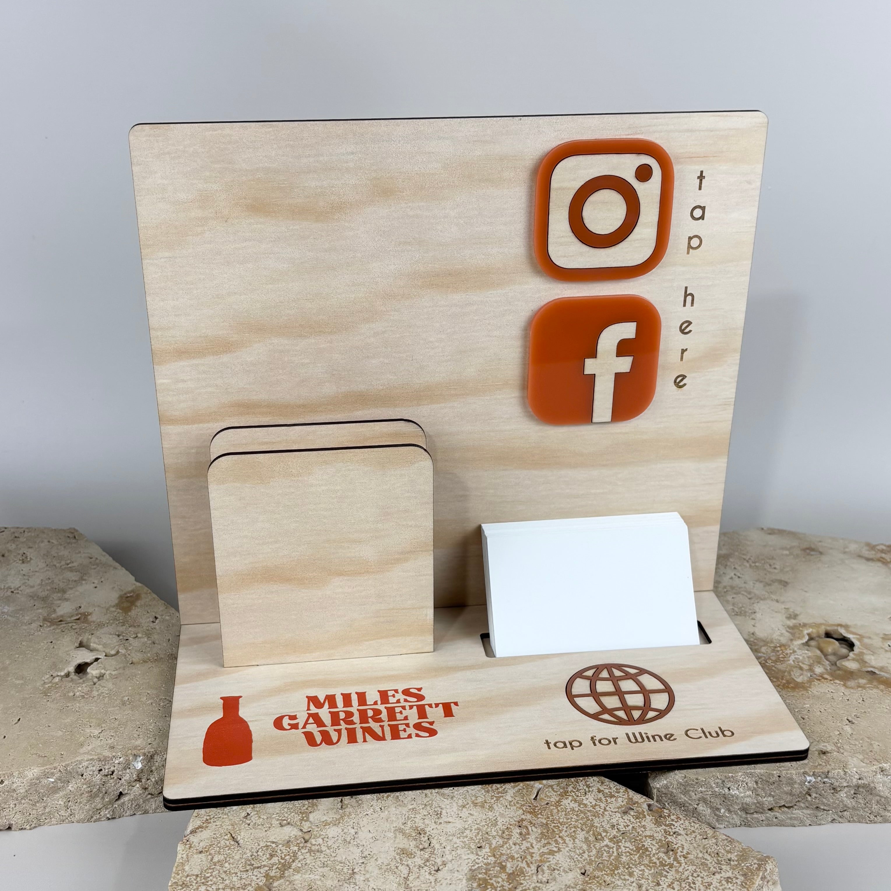 Custom wooden NFC social media display stand with business card holder for wineries, retail counters, and small businesses.