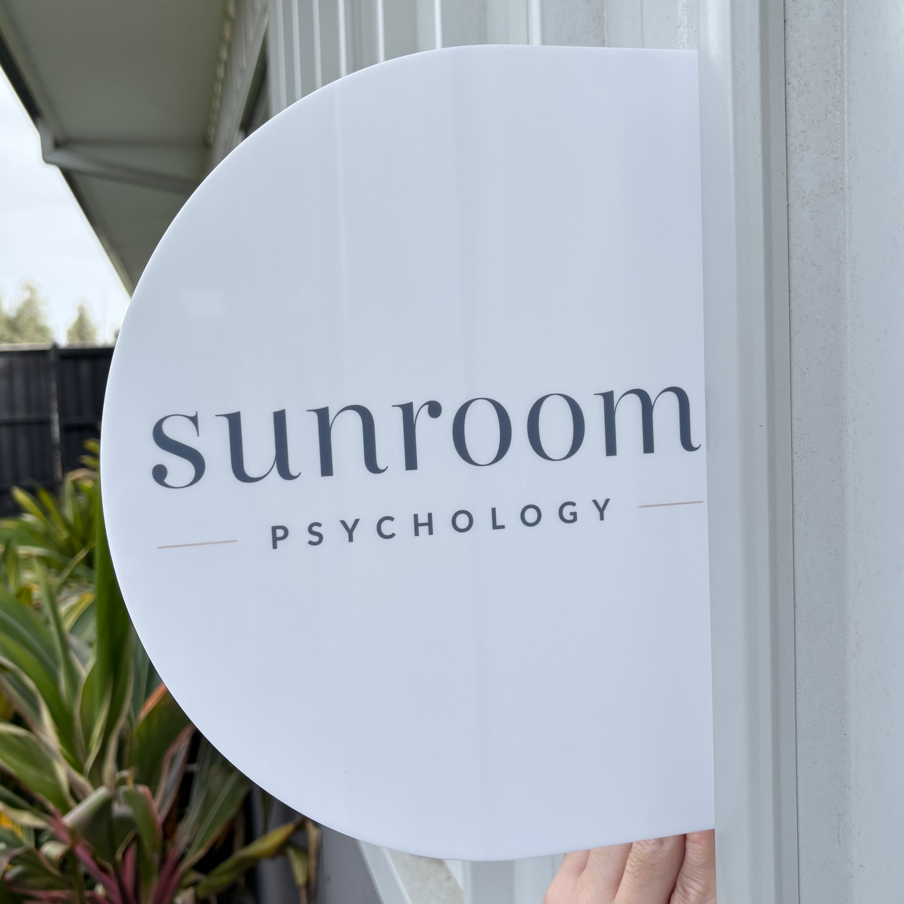 Custom UV printed acrylic blade sign with business logo, personalised double sided wall mounted outdoor signage for psychologists, clinics and professional businesses.