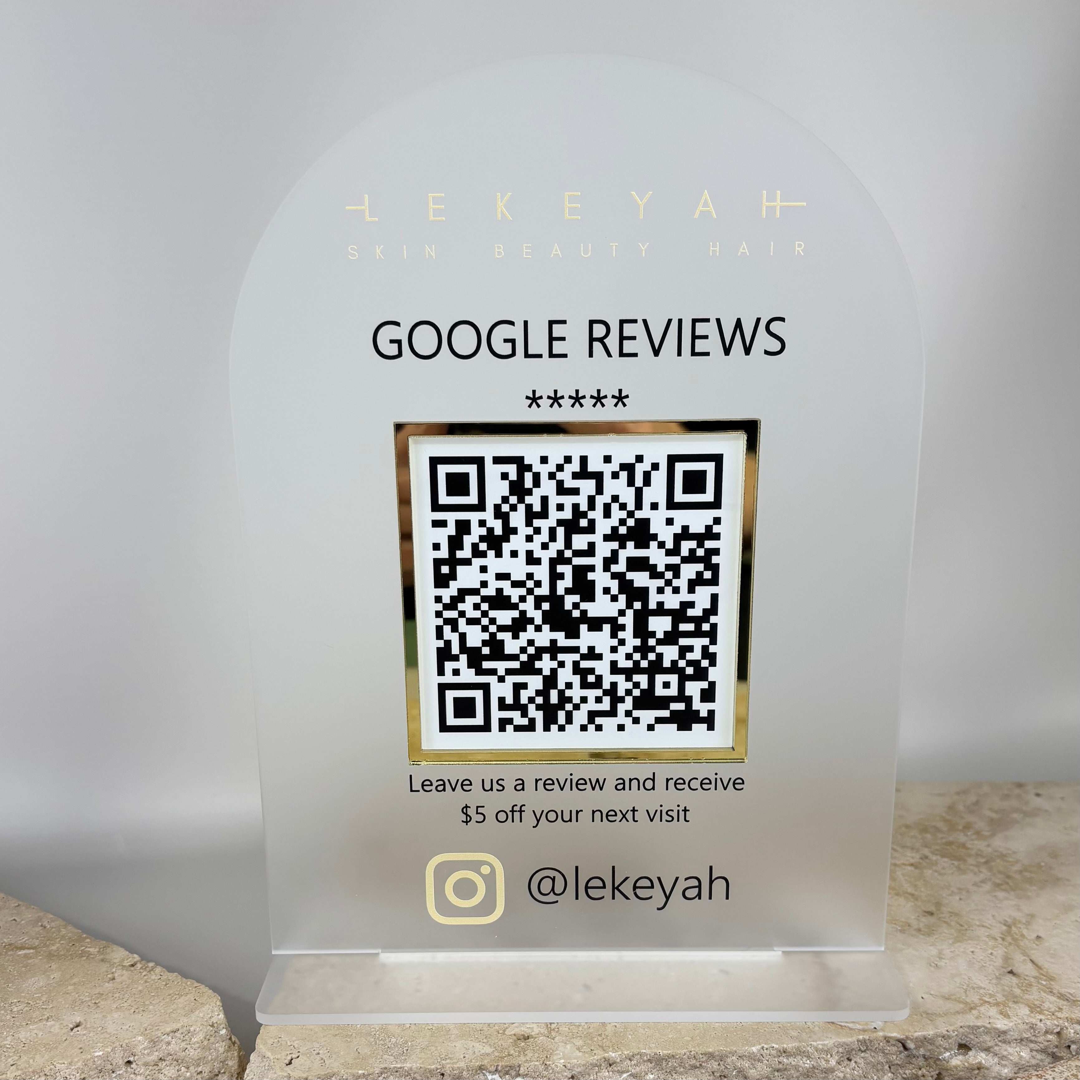 Luxury frosted acrylic Google reviews stand with gold mirror frame and QR code, elegant salon countertop sign to boost customer reviews, personalised branded display for beauty and hair businesses, Australian made