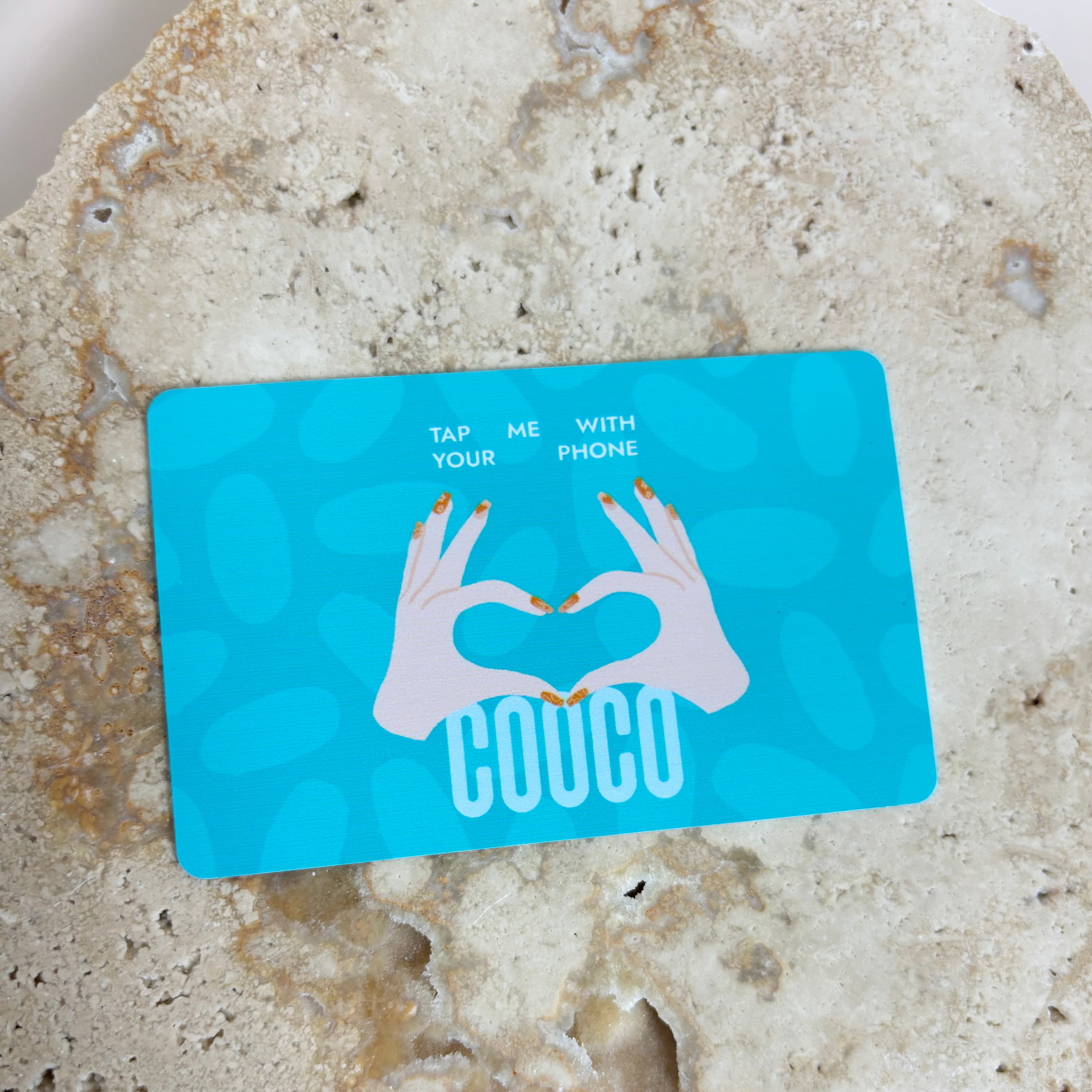 Bright blue NFC card with hands logo designed for creative professionals