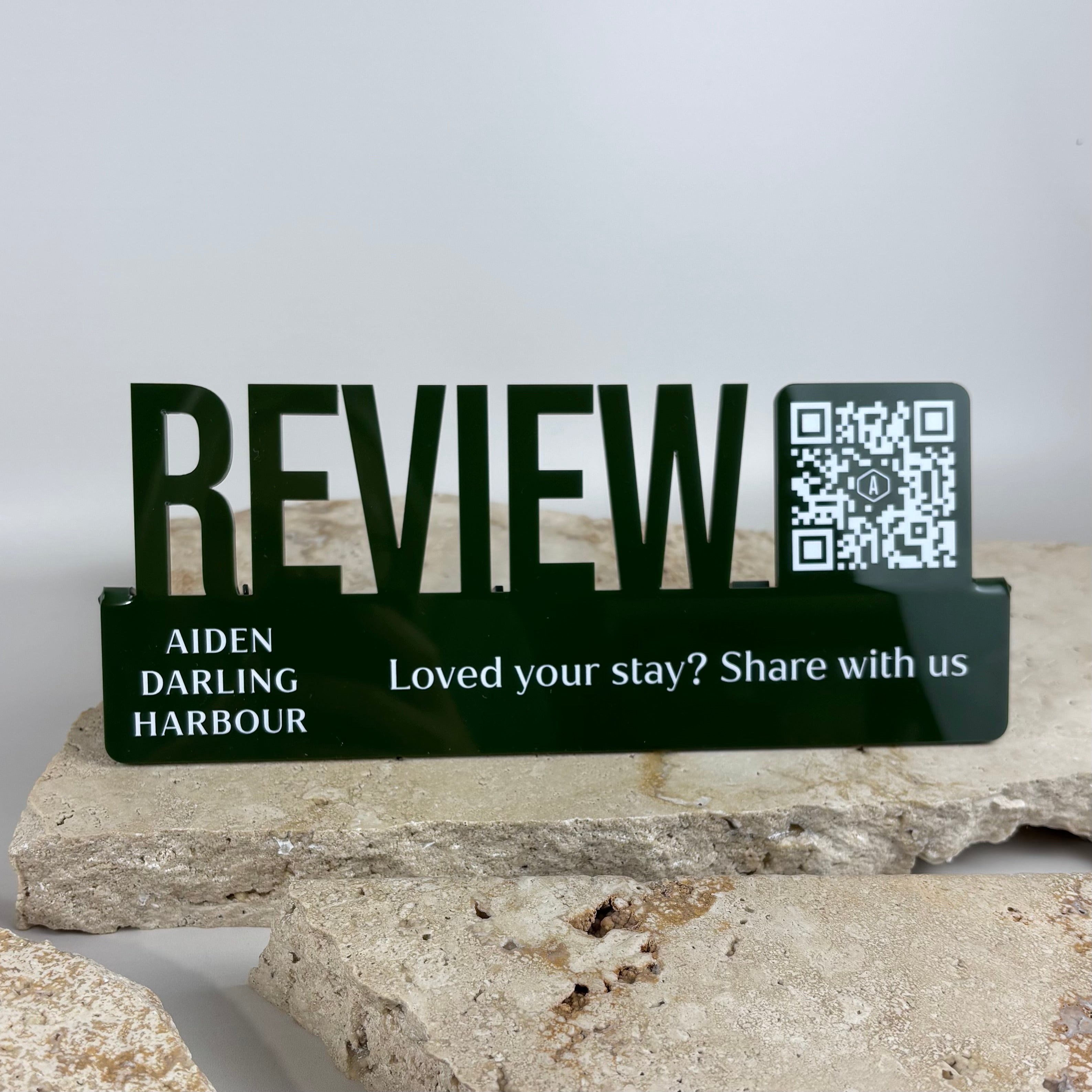 Custom Google review stand with QR code, acrylic review display sign for business counters, “leave a review” signage to boost customer feedback, branded hospitality and salon review stand Australia