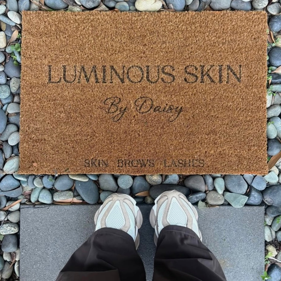 Custom branded coir door mat for beauty salons and skin clinics, personalised salon entrance mat with business logo for brows, lashes and skincare studios