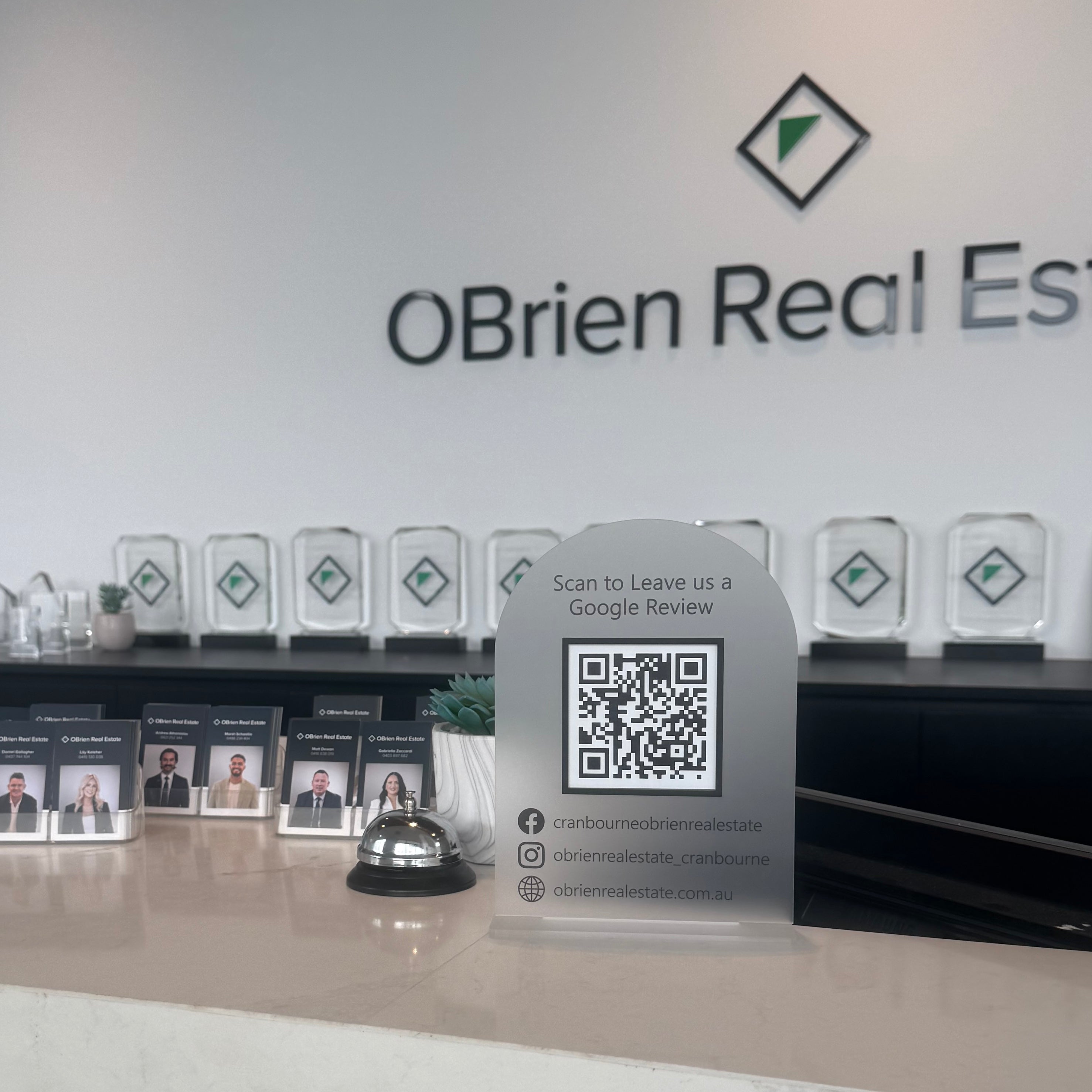 Custom acrylic Google review sign with QR code for real estate offices, personalised business review stand for reception desks and client feedback collection