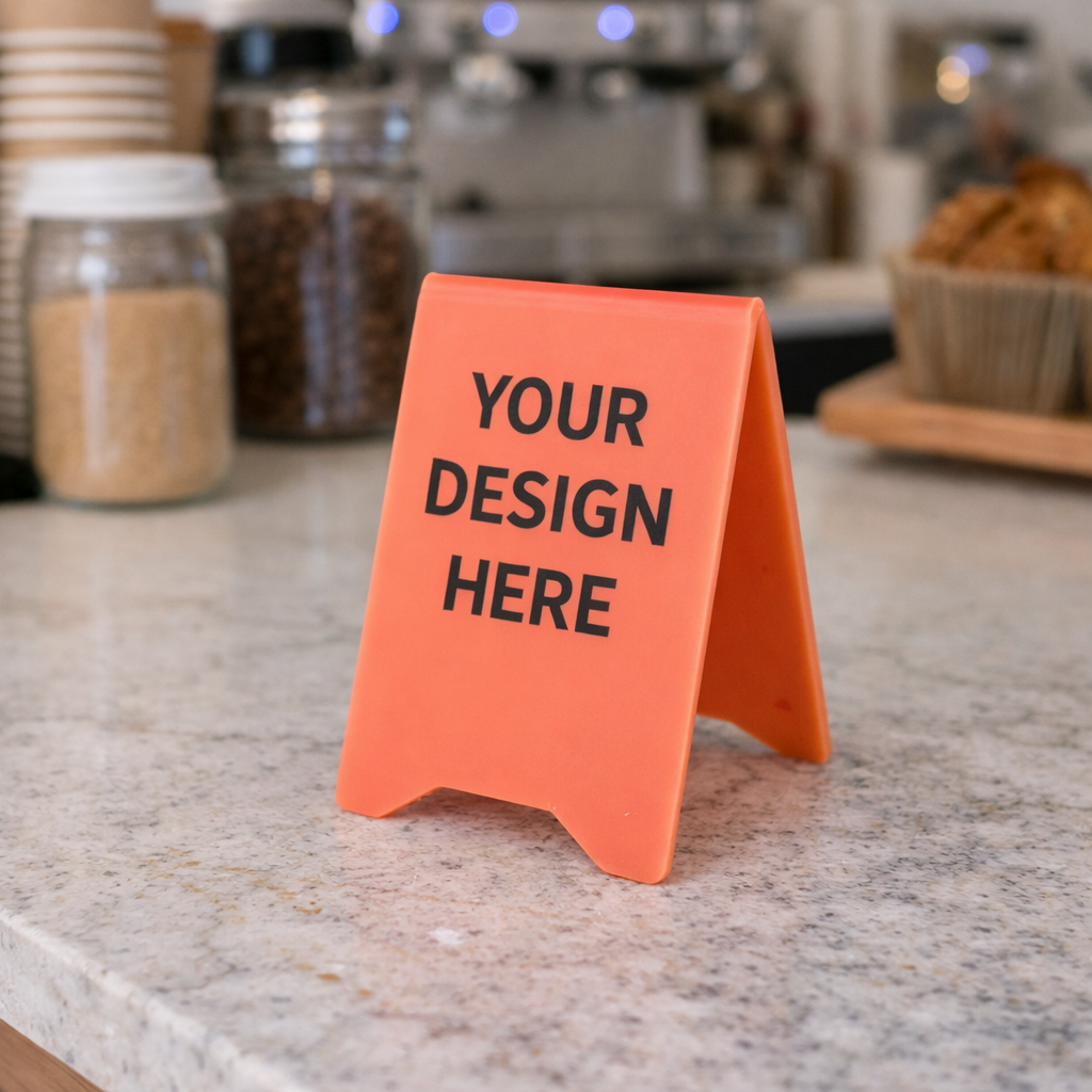 Custom bent acrylic tabletop sign UV printed, freestanding A-frame counter sign for cafes and small businesses