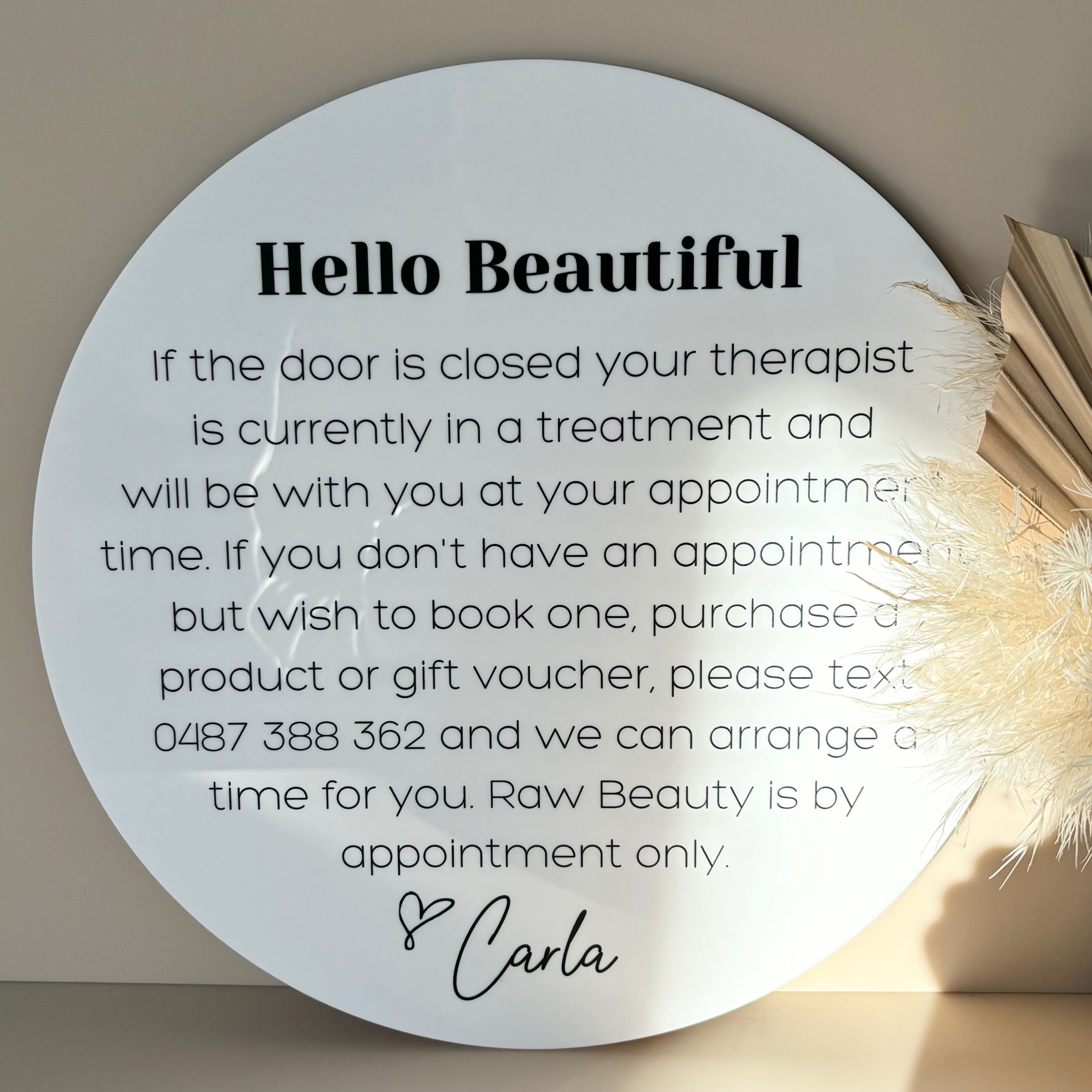 Hello Beautiful door sign with appointment instructions for salon clients