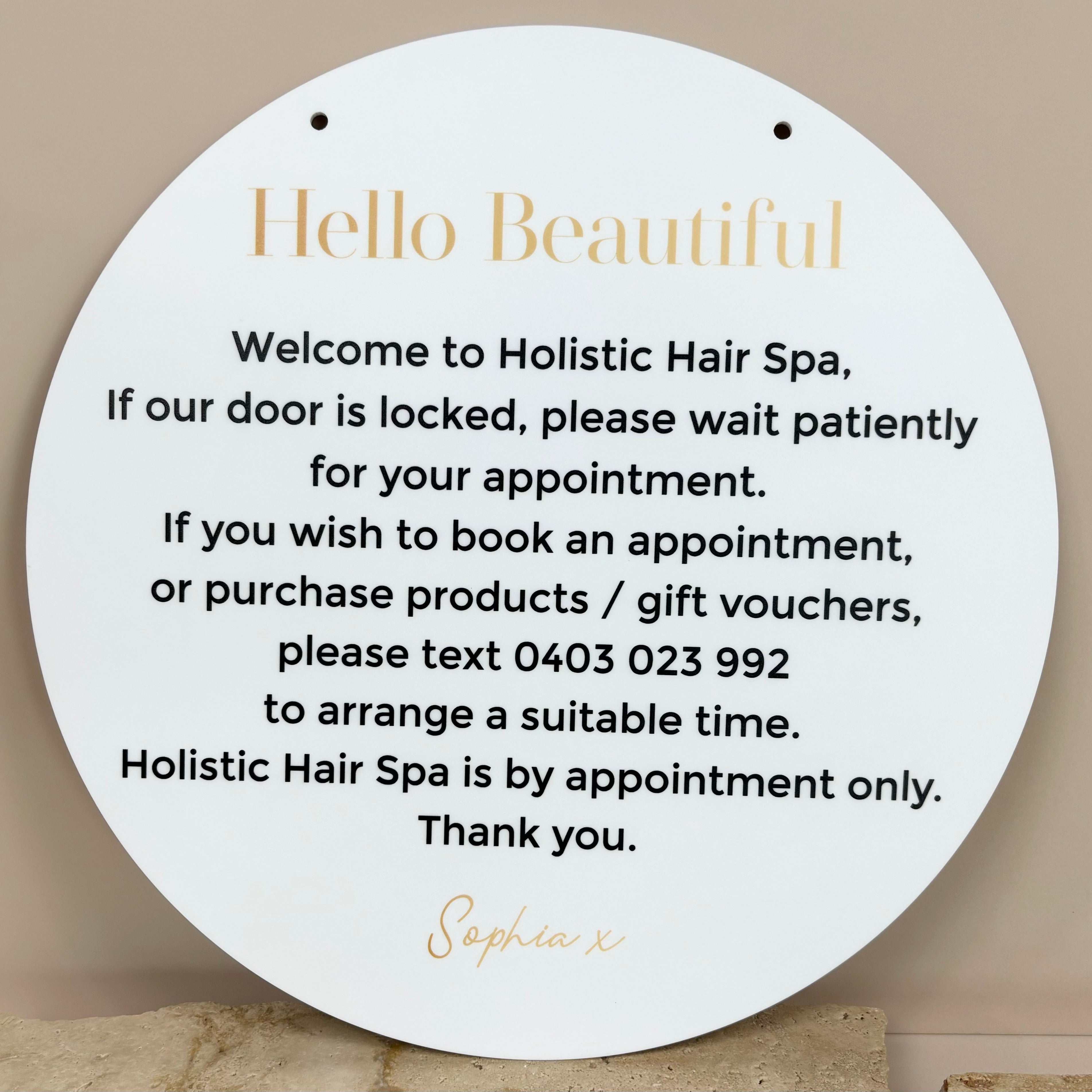 Hello Beautiful spa door sign with treatment in progress message