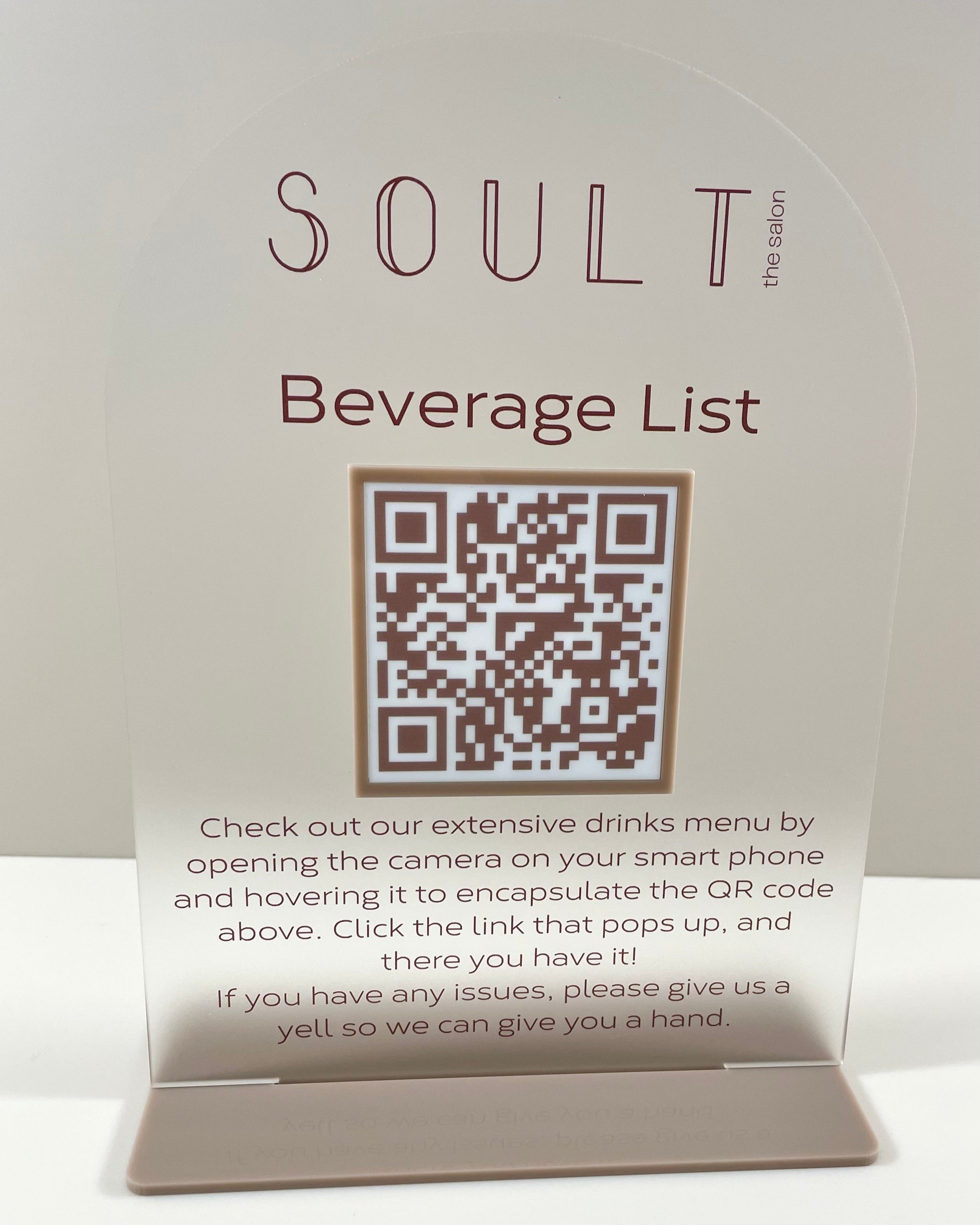 QR code beverage list stand for cafés or events with custom text