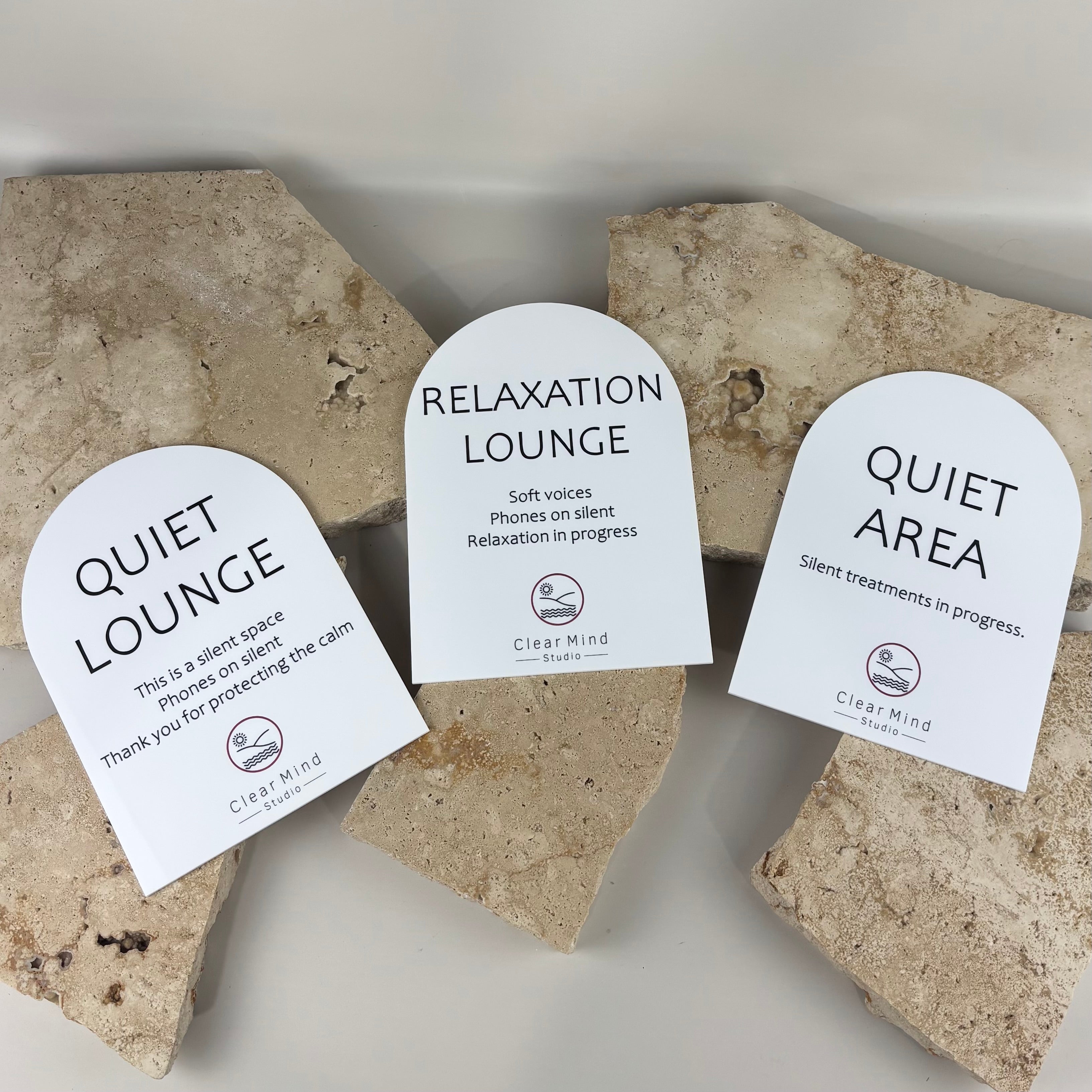 Custom acrylic arch signs Australia for salons and spas, minimalist quiet area and relaxation lounge signage, UV printed business signs for wellness clinics and treatment rooms