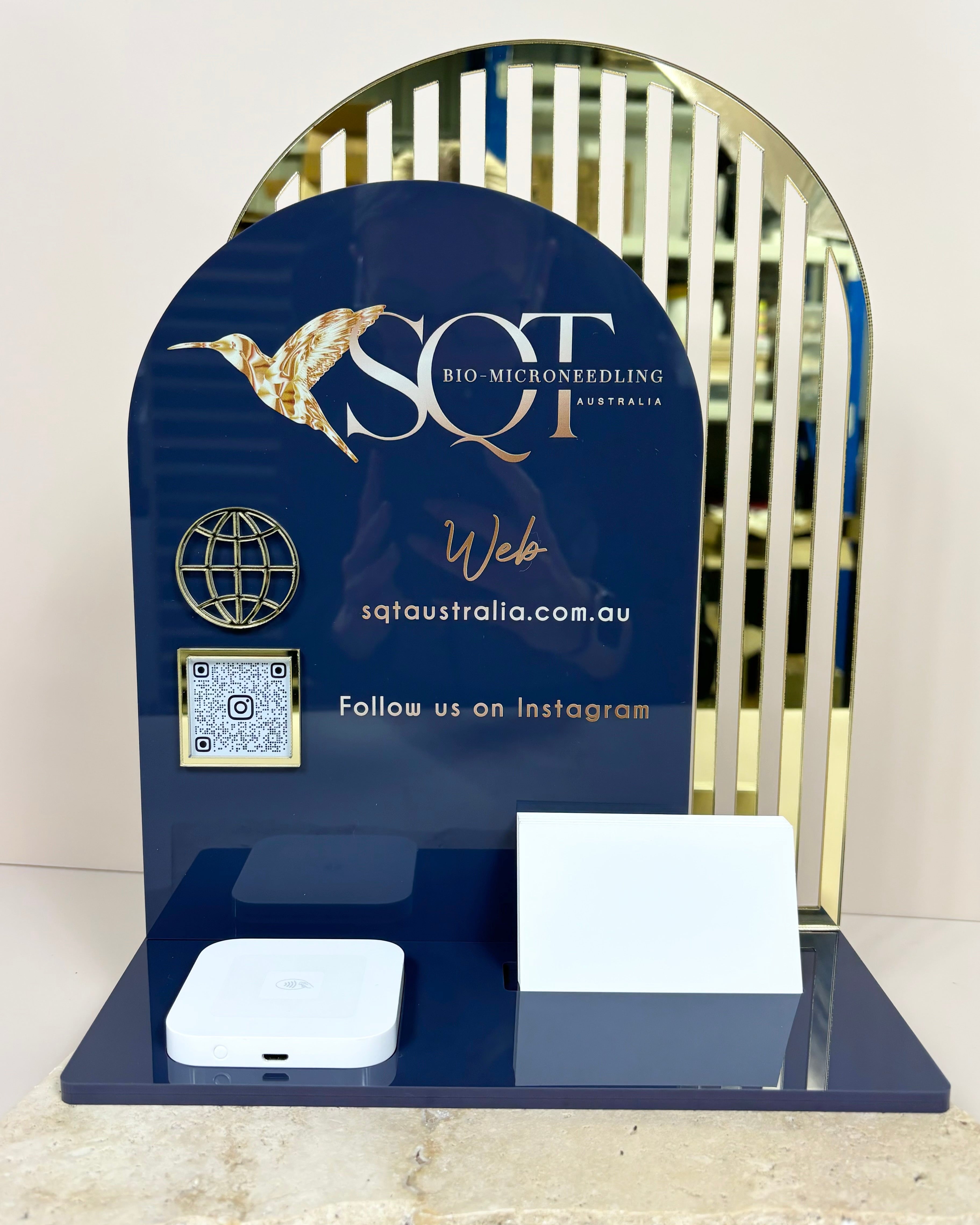 Navy and gold double arched business station with card holder and QR code