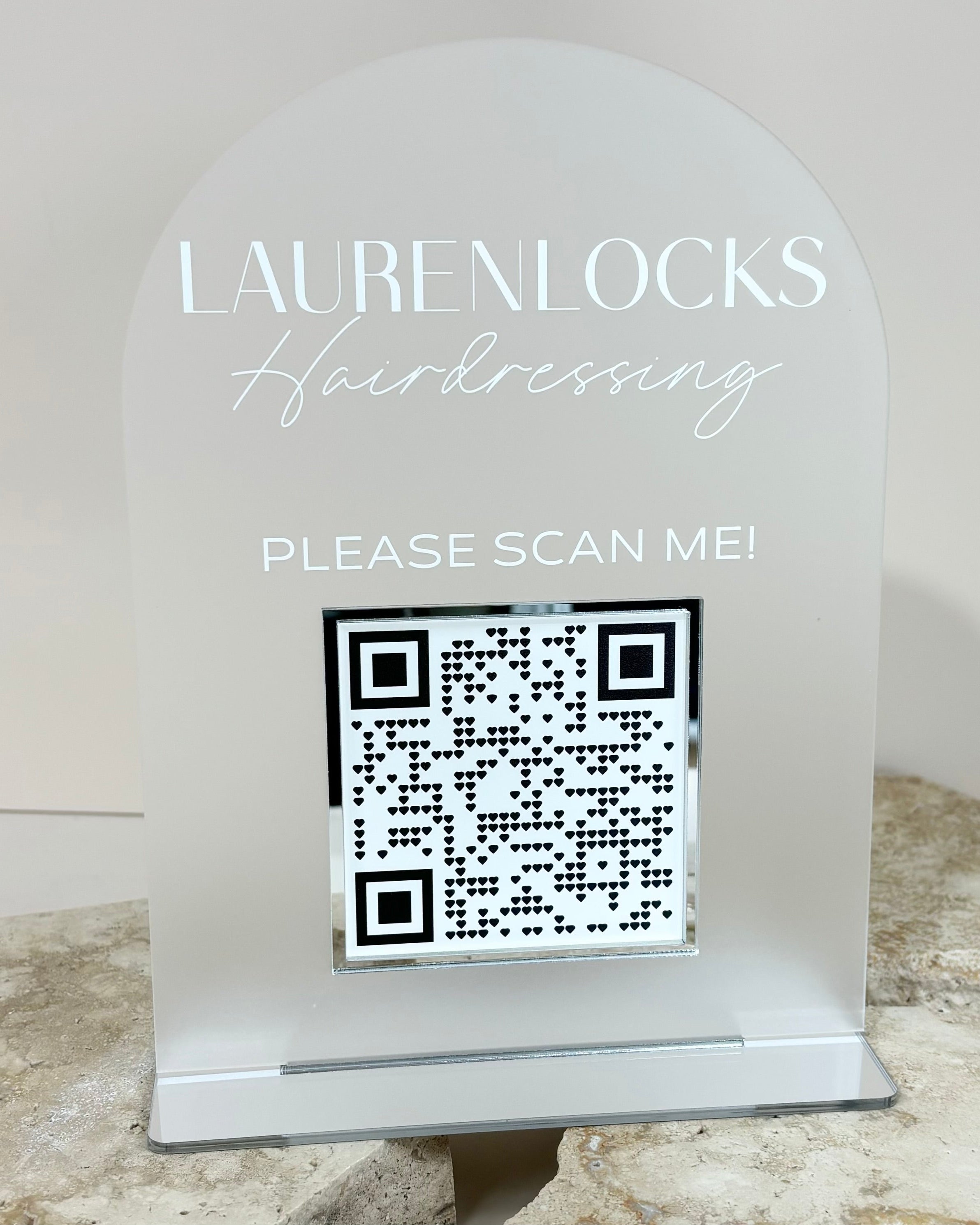 Frosted acrylic scan to check-in sign with business logo and stand