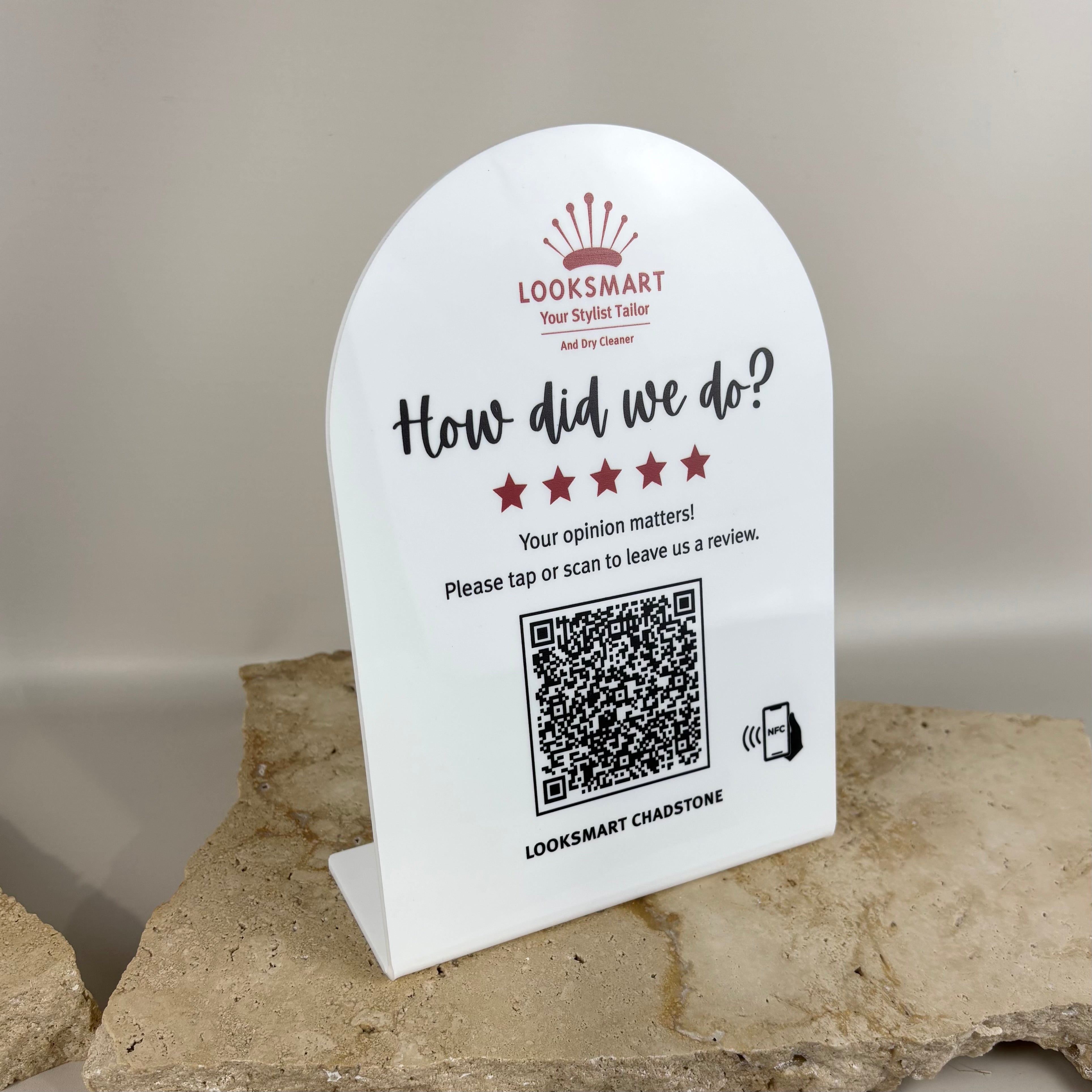 Custom acrylic bend QR review stand with NFC tap feature for small businesses, salon and retail counter display sign encouraging customers to leave a Google review.