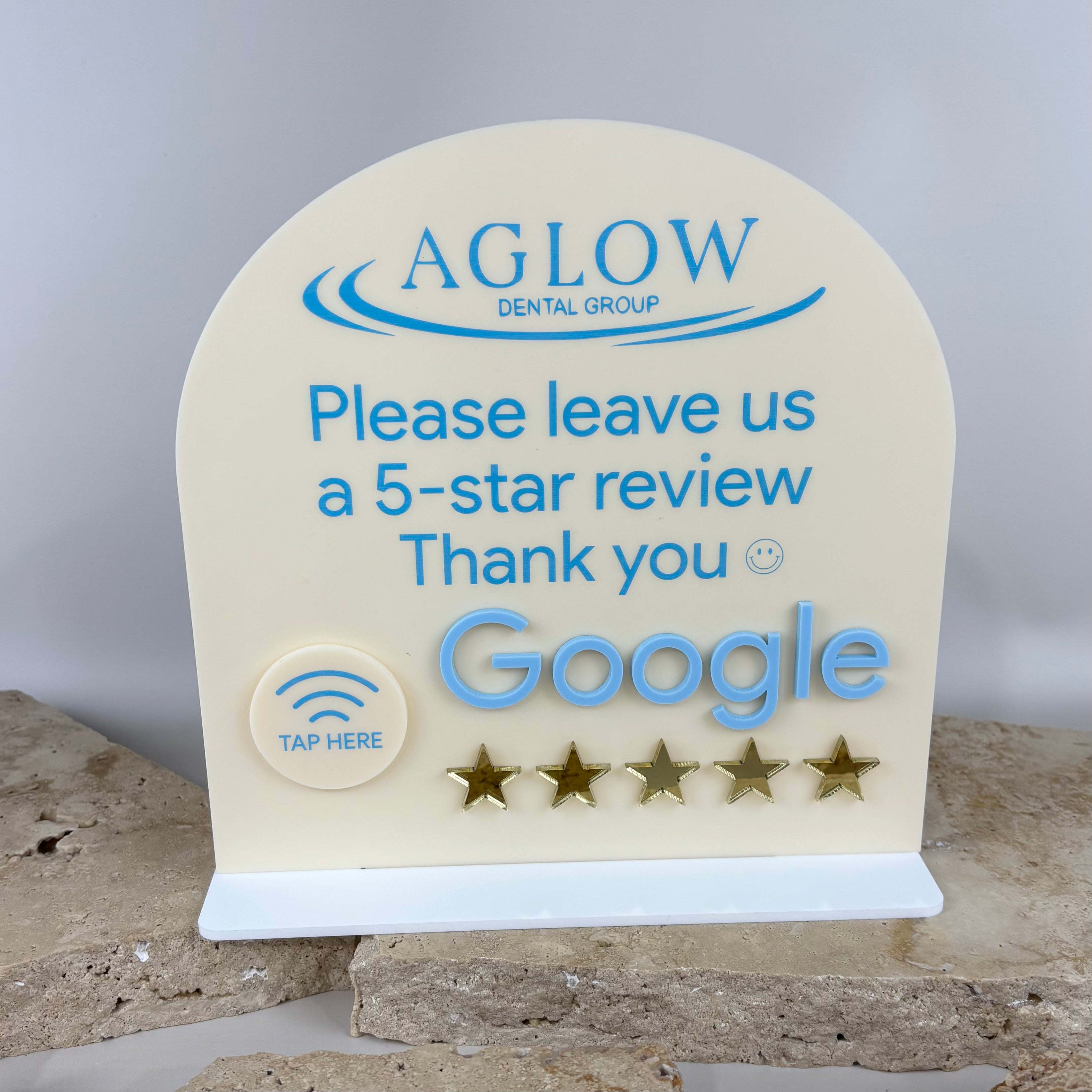 Custom NFC Google review stand with tap-to-review feature, branded acrylic countertop sign designed to collect 5-star Google reviews