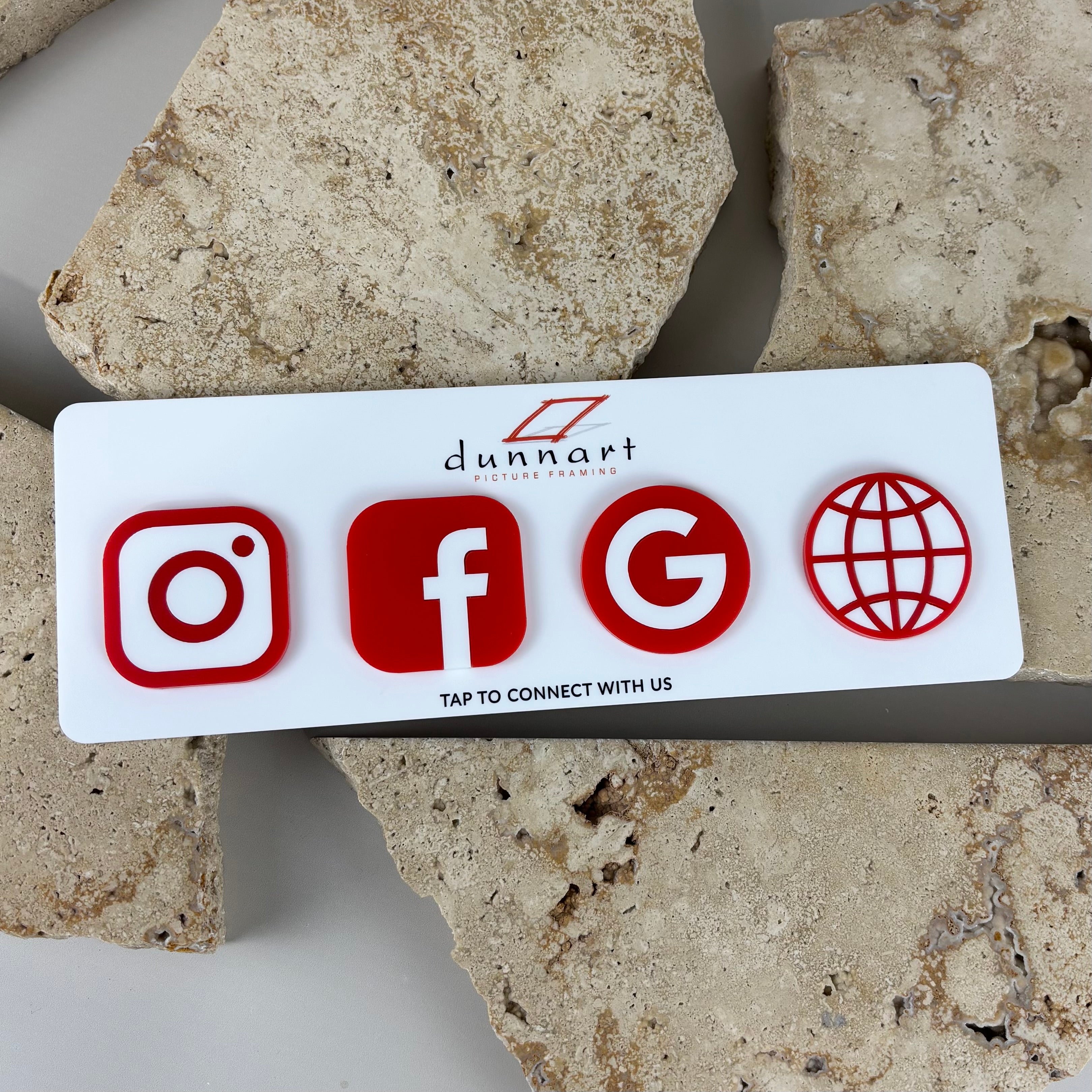 custom acrylic nfc social media plaque with instagram facebook google and website icons in red and white, tap to connect business display sign for counters and reception desks australia