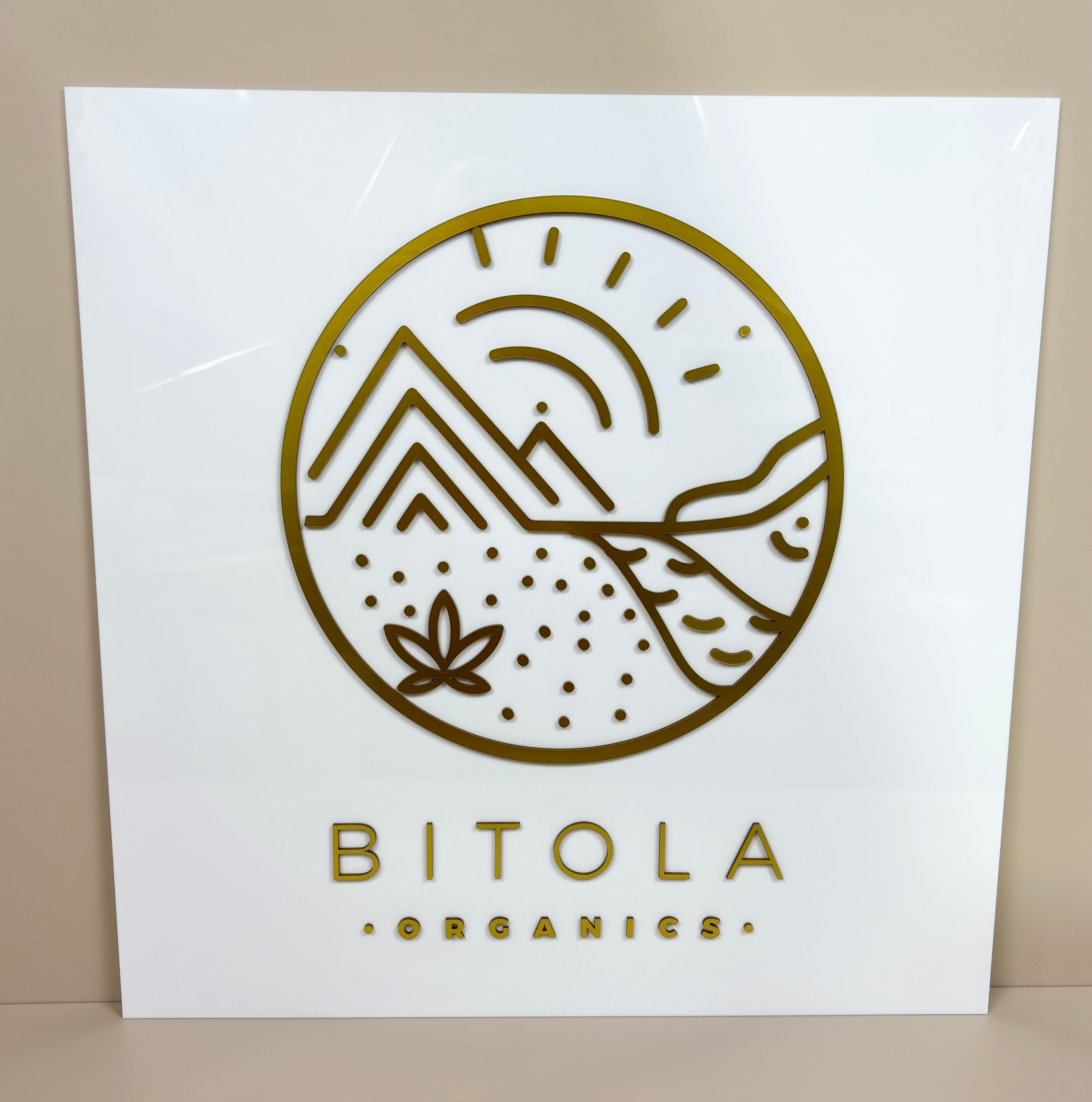 square white and gold boho branding acrylic sign. bitola organics