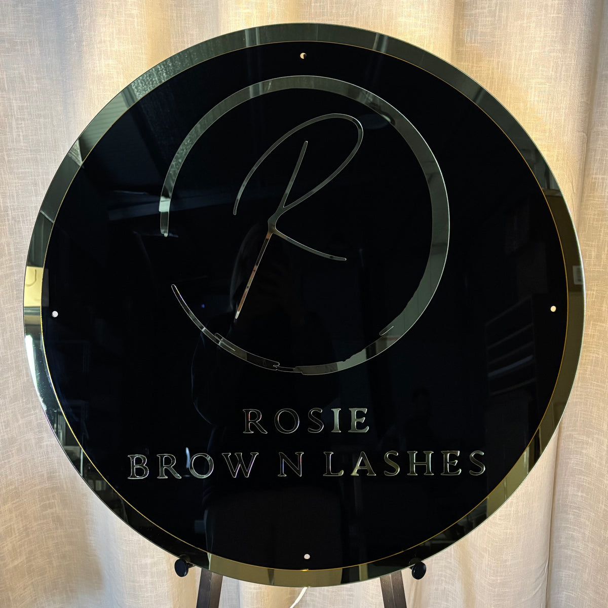 Custom round backlit LED business sign with mirror acrylic logo, personalised illuminated wall sign for brow, lash, beauty salons and home businesses