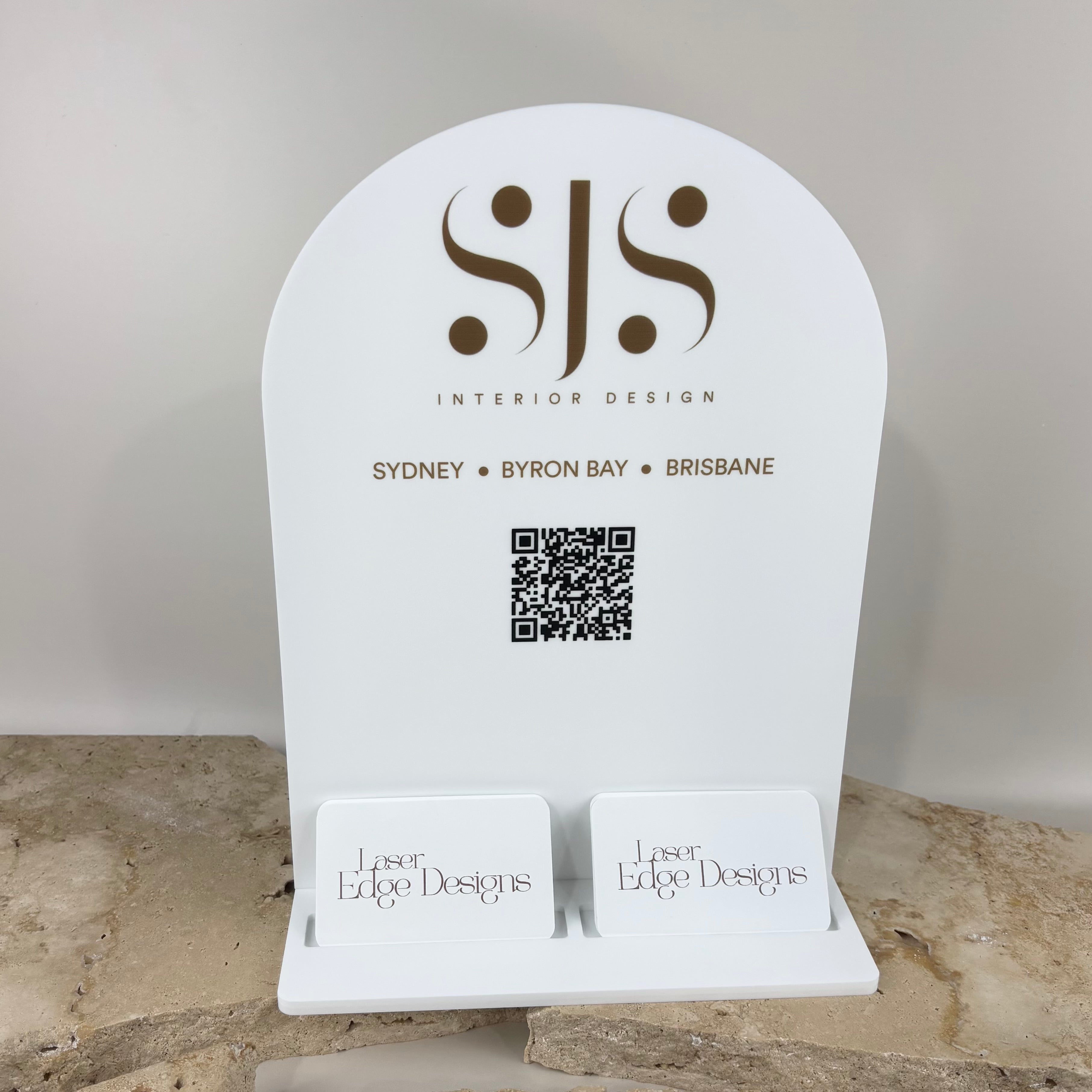Custom acrylic QR code sign with double business card holder stand for office reception desks