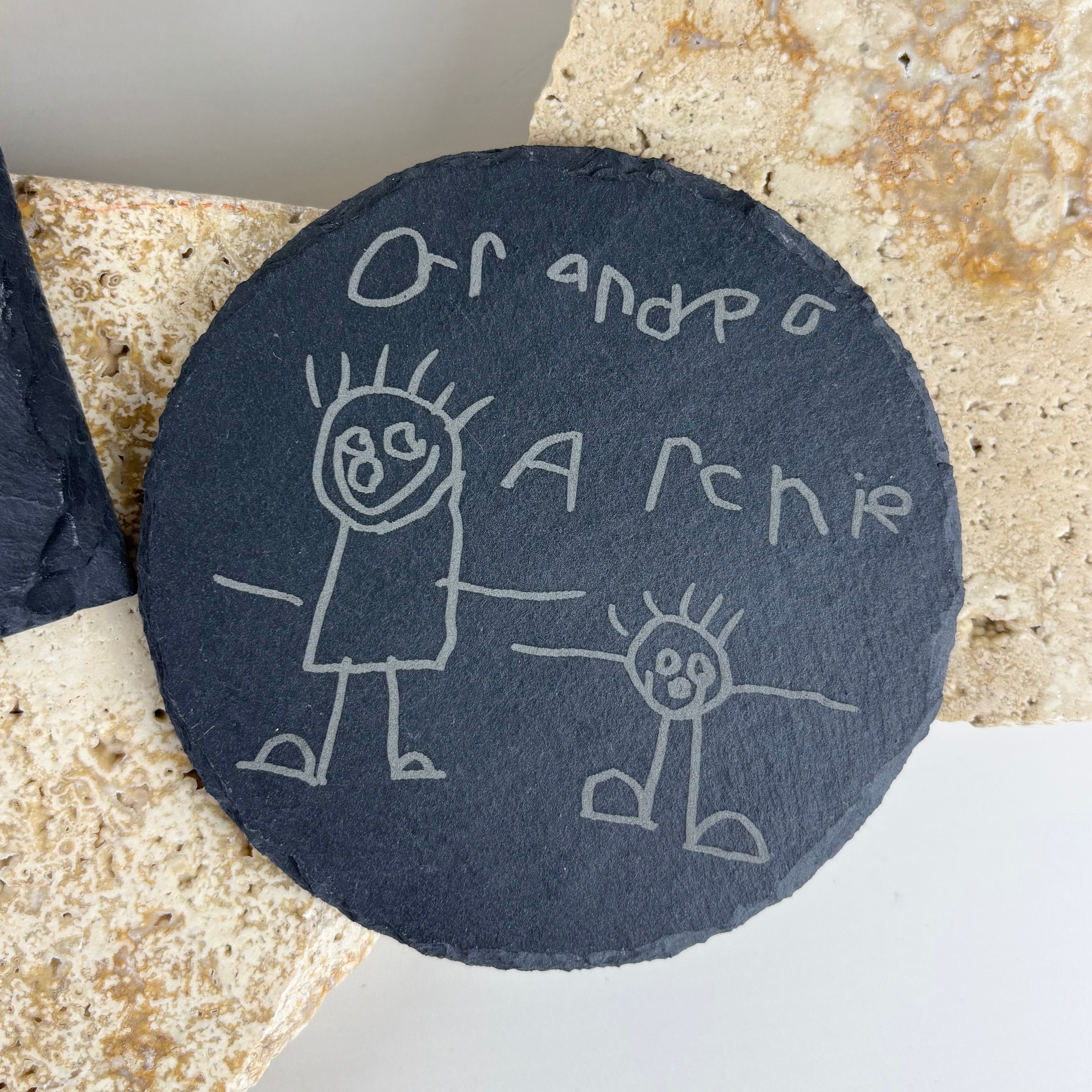 Personalised round slate coaster engraved with children’s artwork and names – custom slate coaster gift Australia