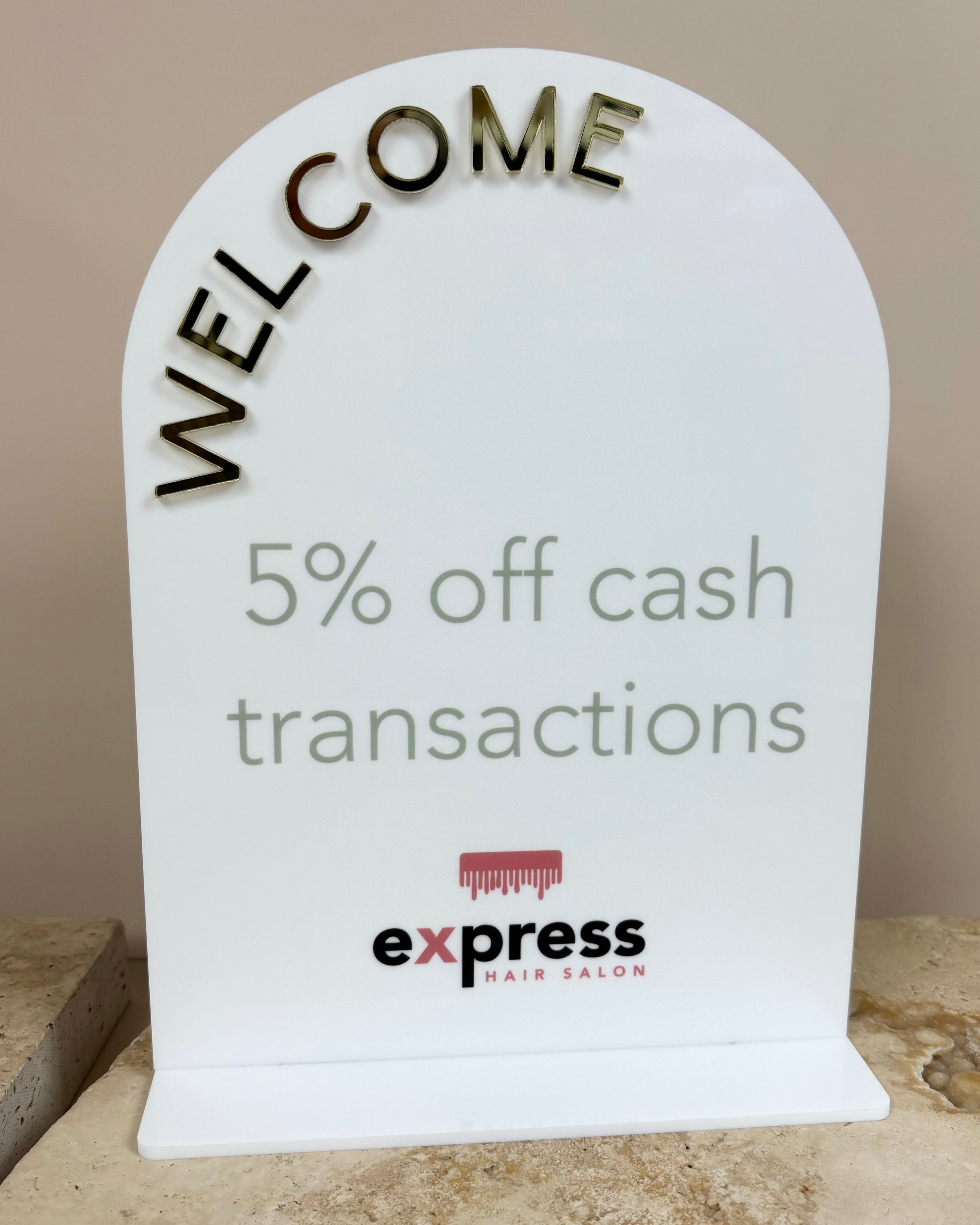 Cash-only transaction policy sign with engraved text on white acrylic