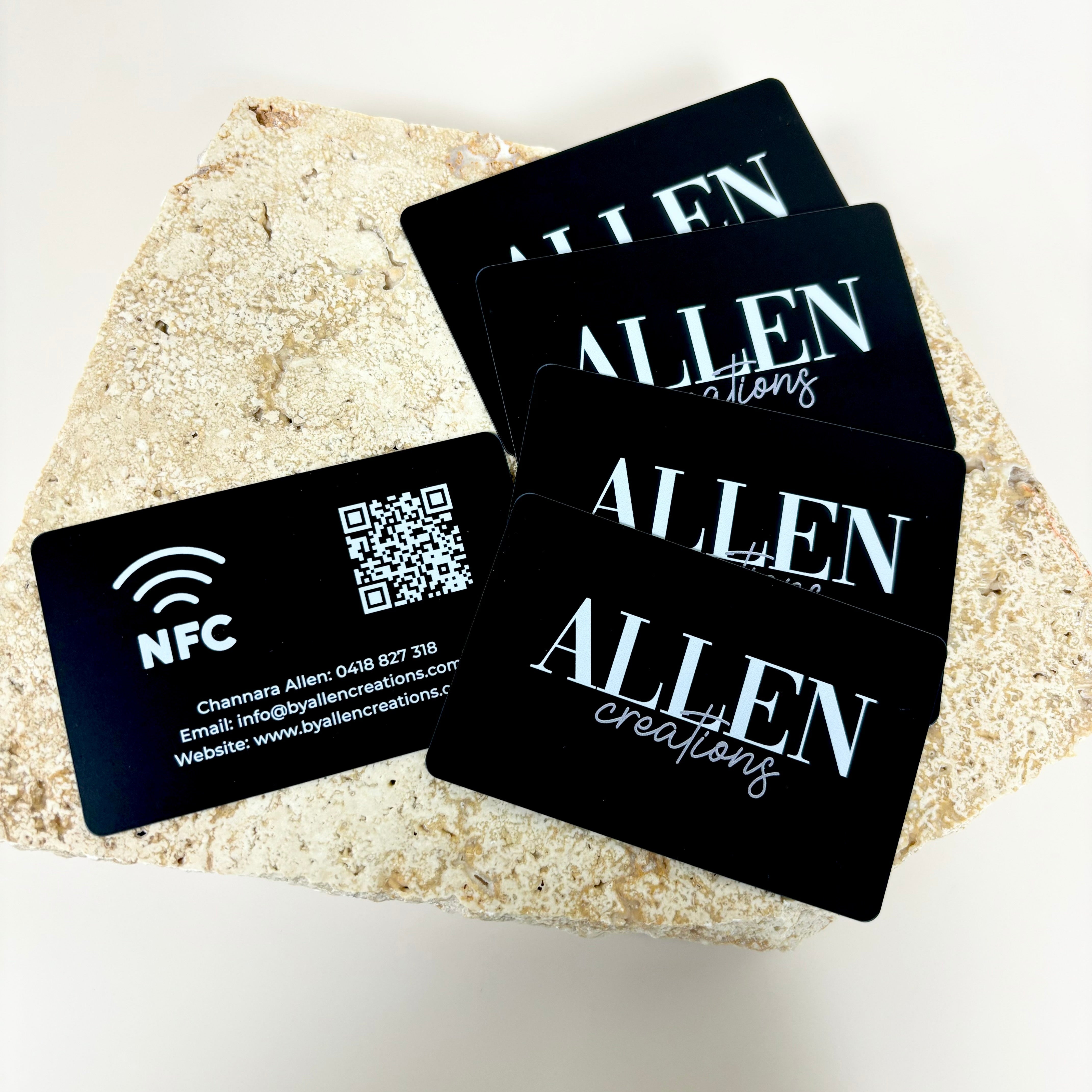 Black branded NFC business cards with bold white ALLEN print