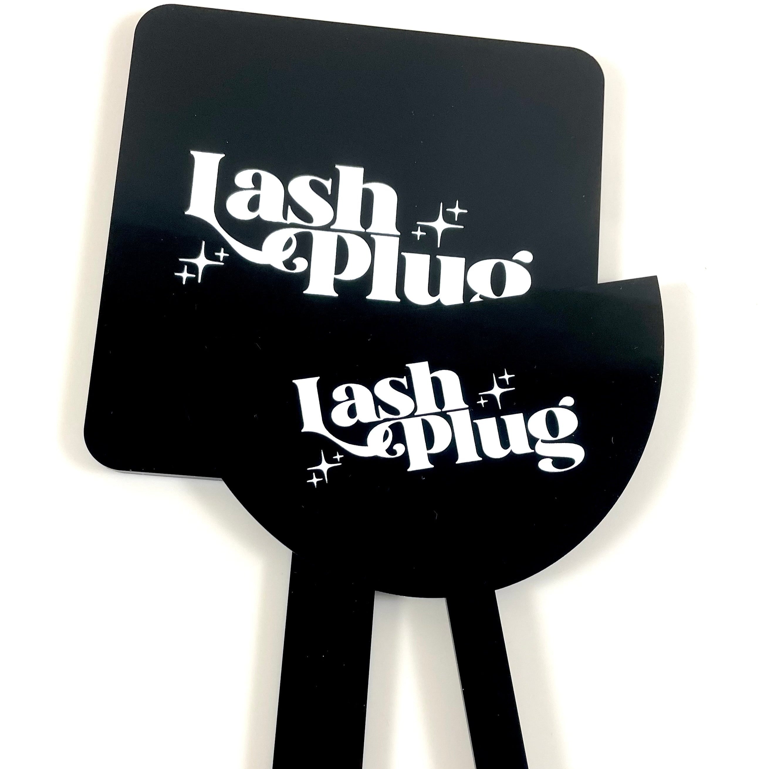 Matte black acrylic mirror and face shield bundle with bold Lash Plug logo design
