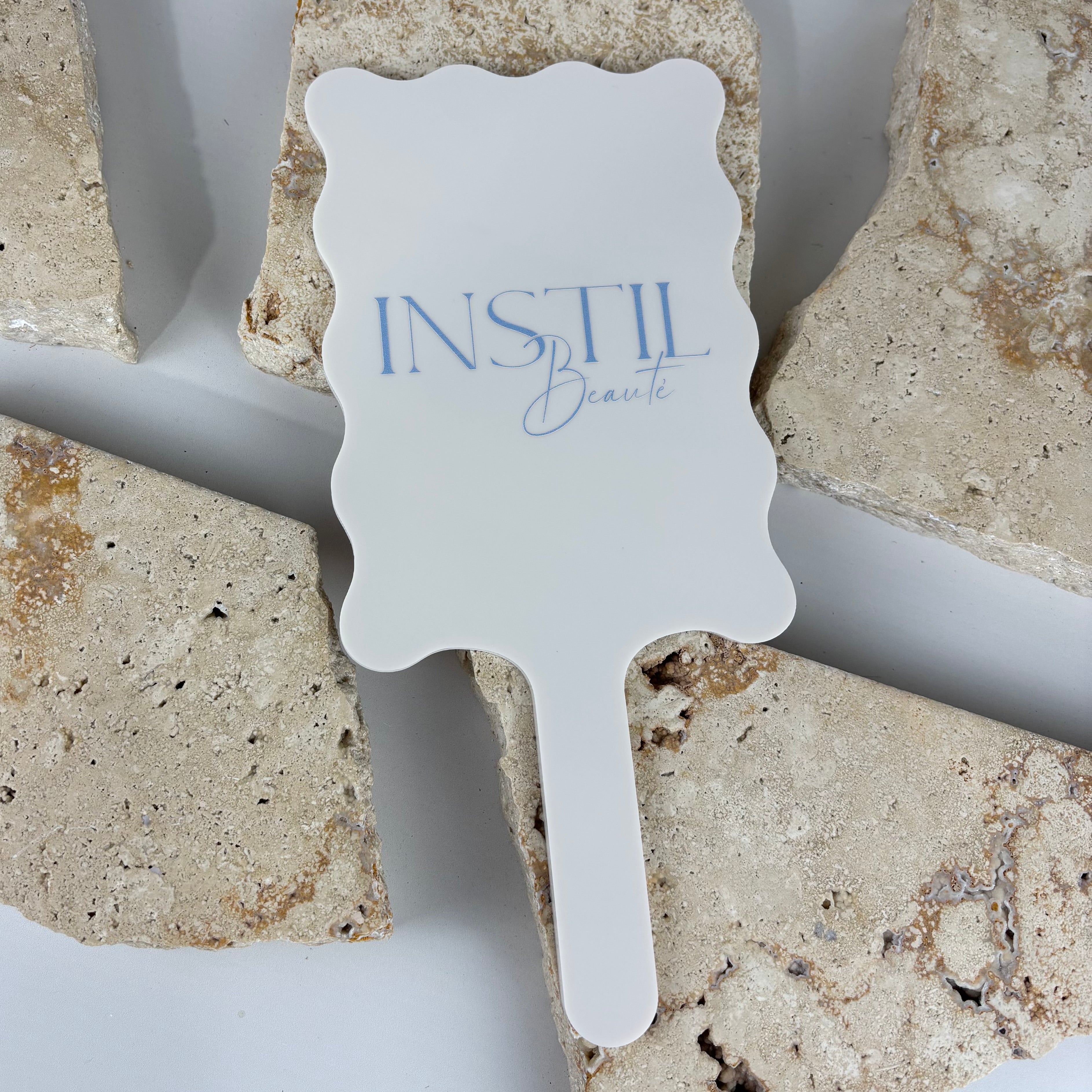 custom acrylic handheld mirror with salon logo branding
