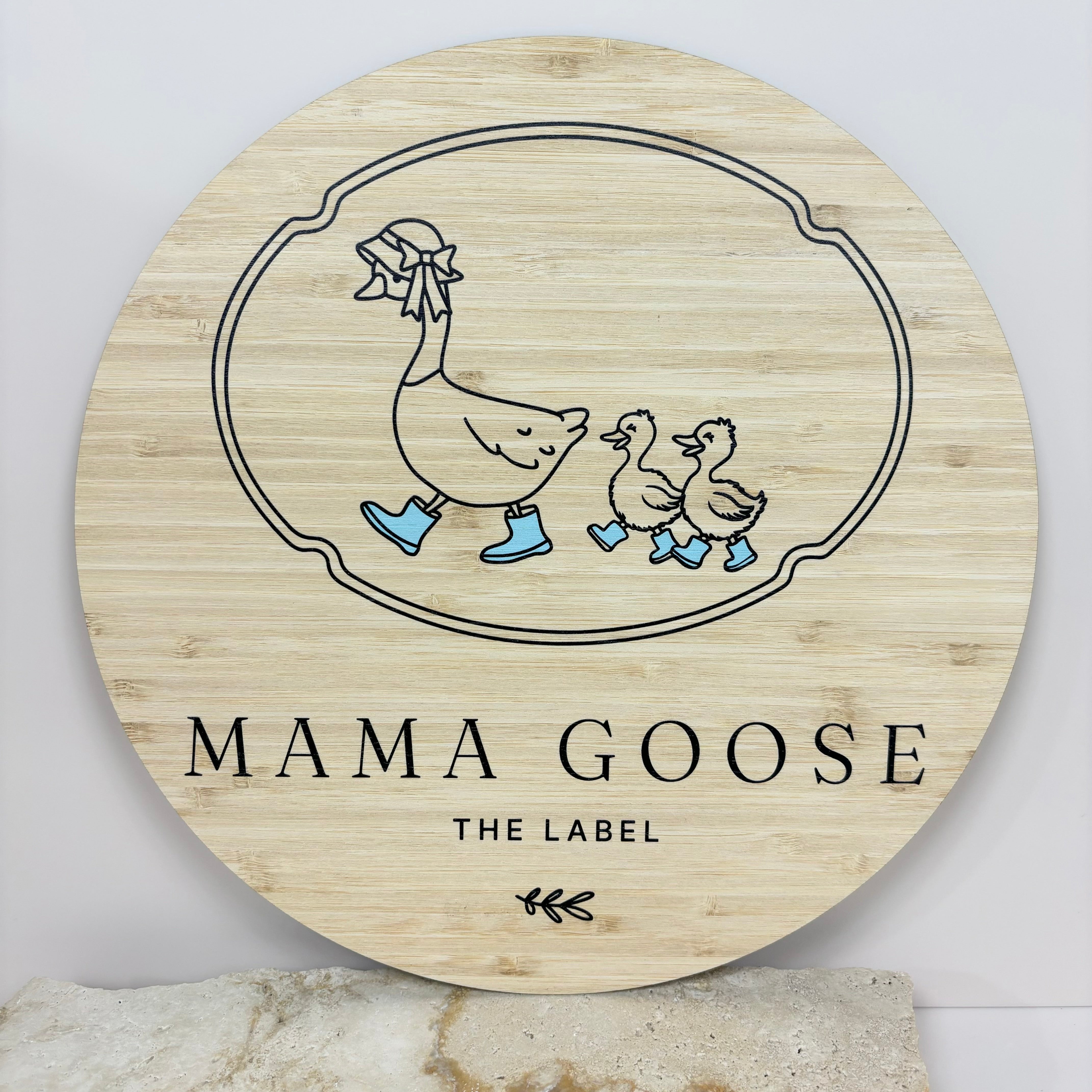 Mama Goose The Label engraved bamboo sign with duckling illustration