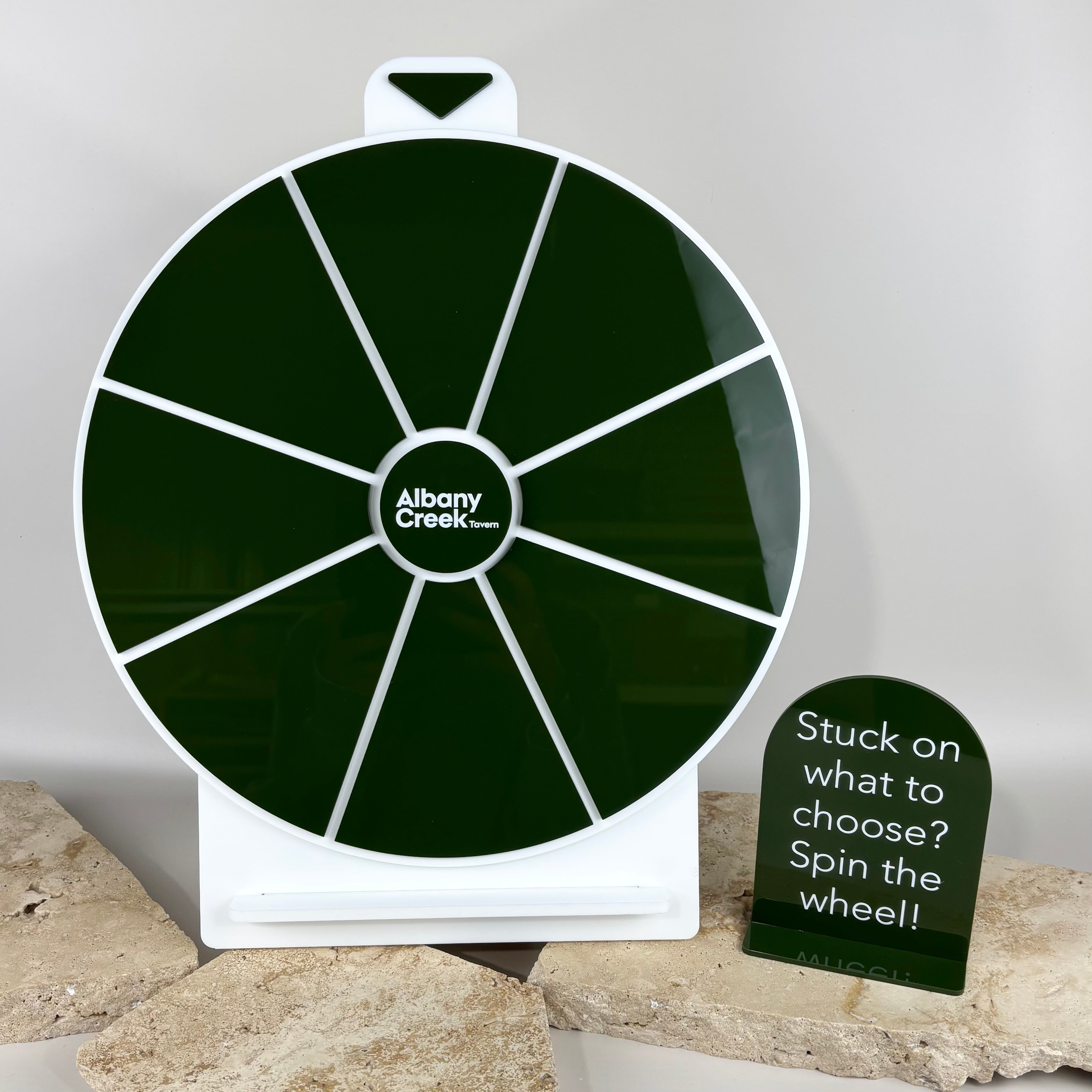 35cm custom acrylic spin the wheel with stand, personalised prize wheel for events, promotions, and business giveaways, designed by Laser Edge Designs