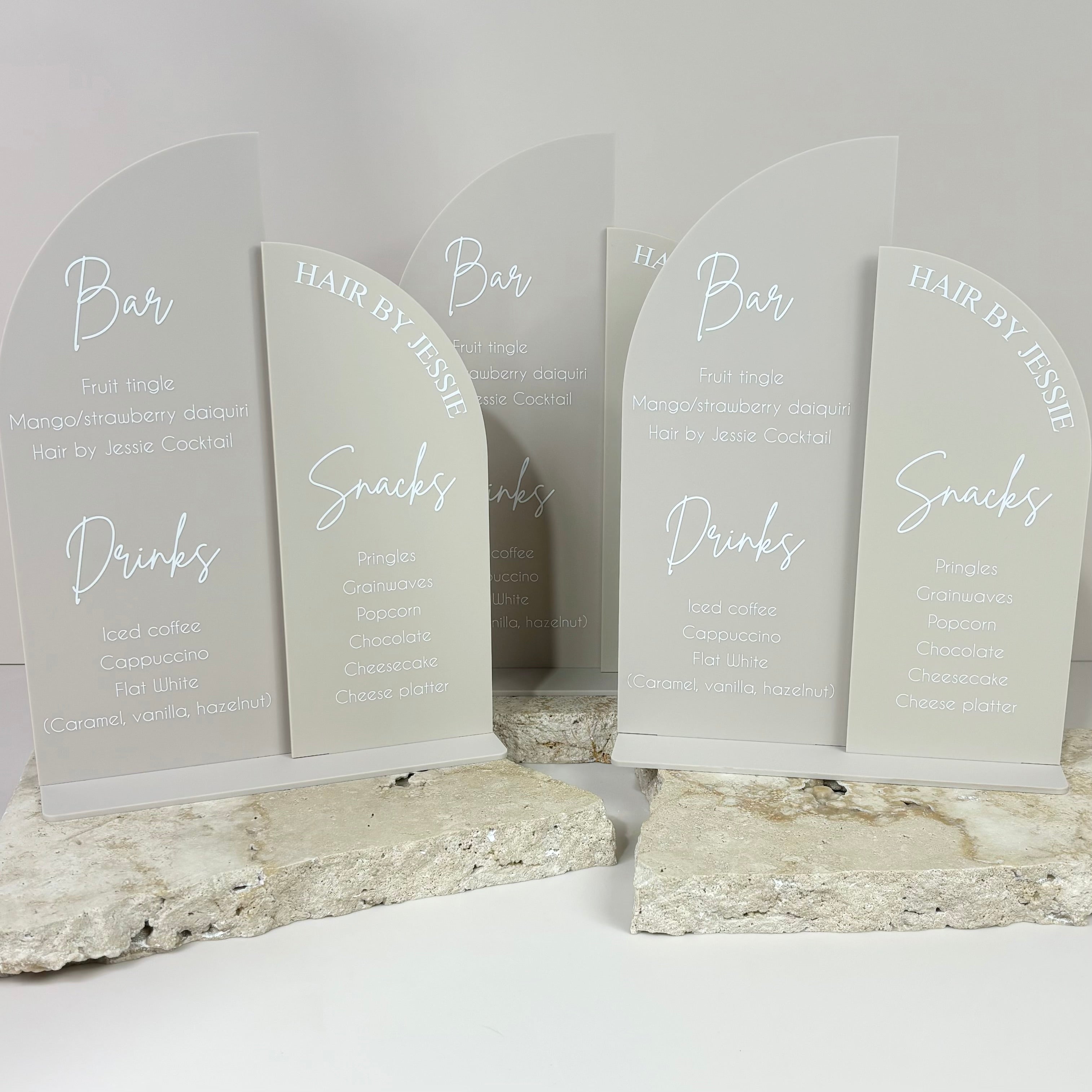 Neutral coloured dual info signs for salon drink and service menus