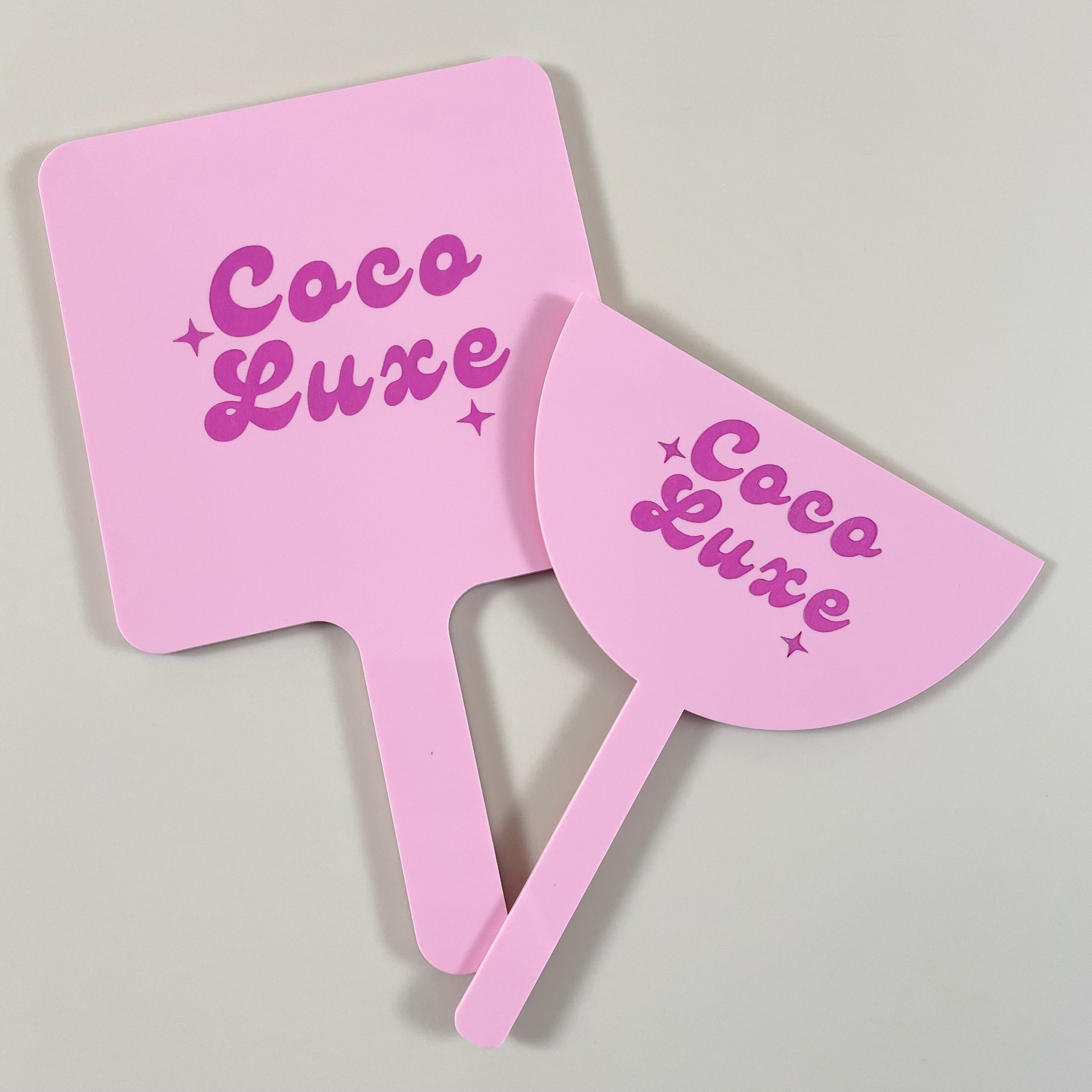 Coco Luxe pink custom acrylic mirror and matching shield set for lash and brow salons