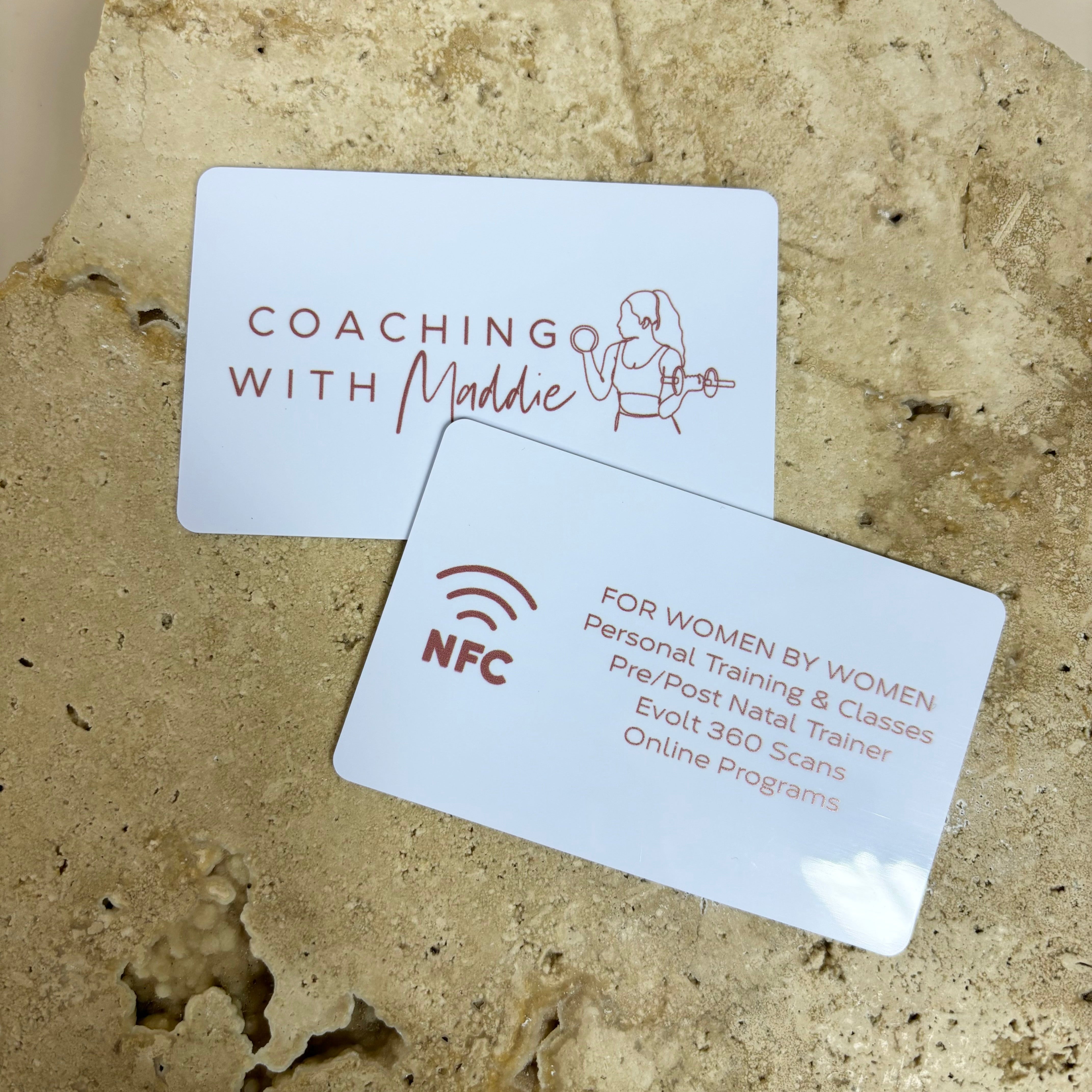 White coaching business NFC card with clean floral design