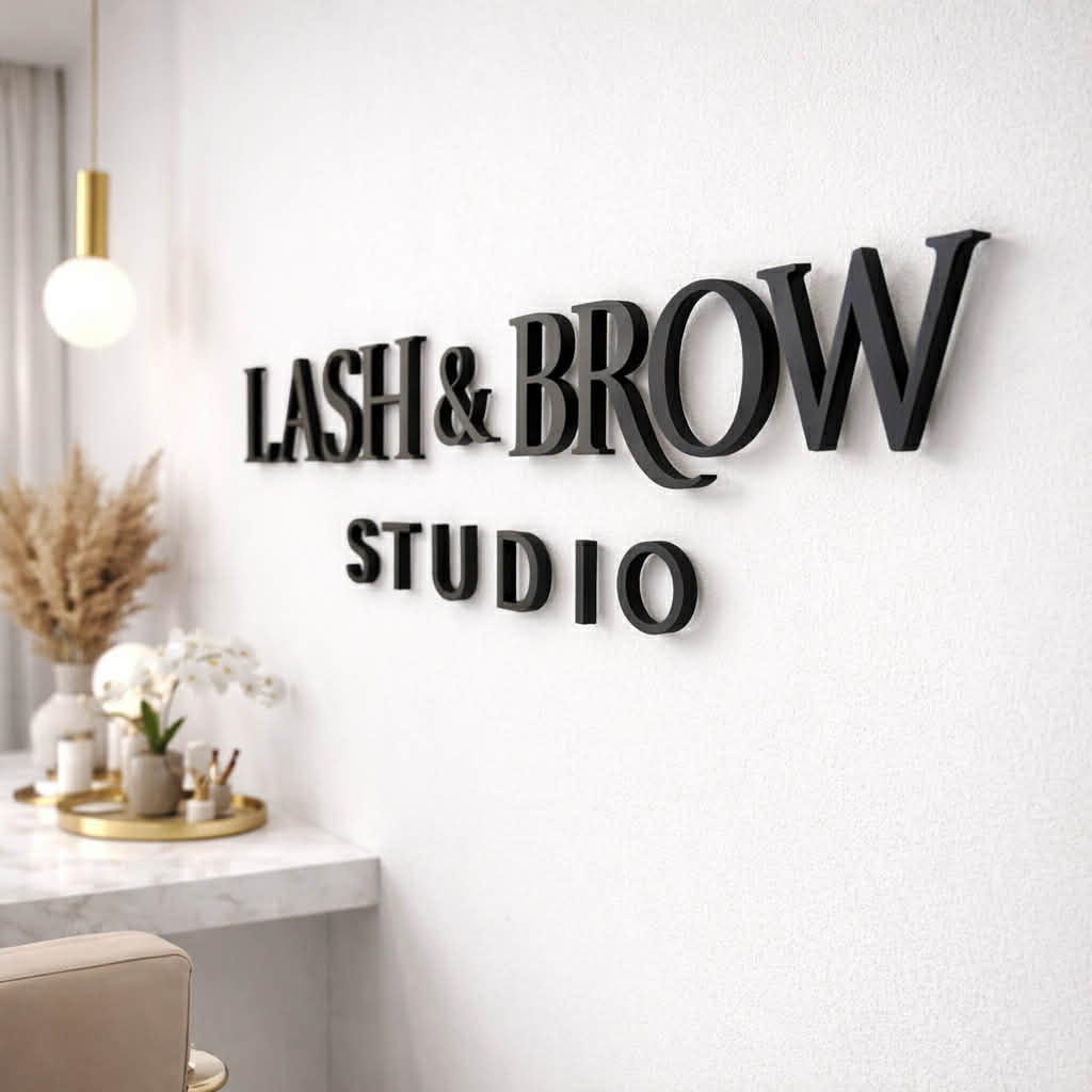 black floating 3D acrylic lettering sign lash and brow studio raised wall signage modern salon interior business sign Australia