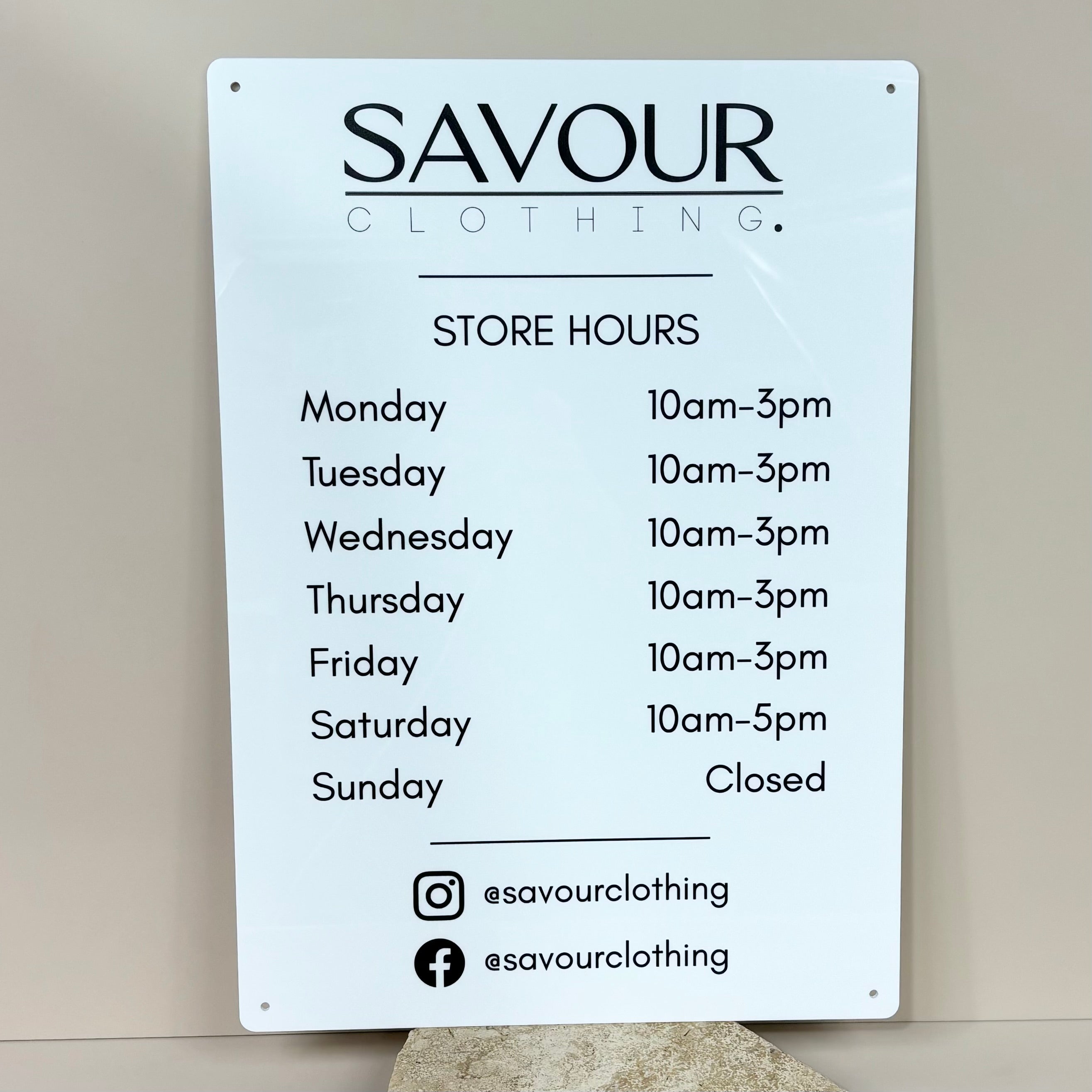 Custom acrylic store hours sign with logo, retail and café opening hours signage