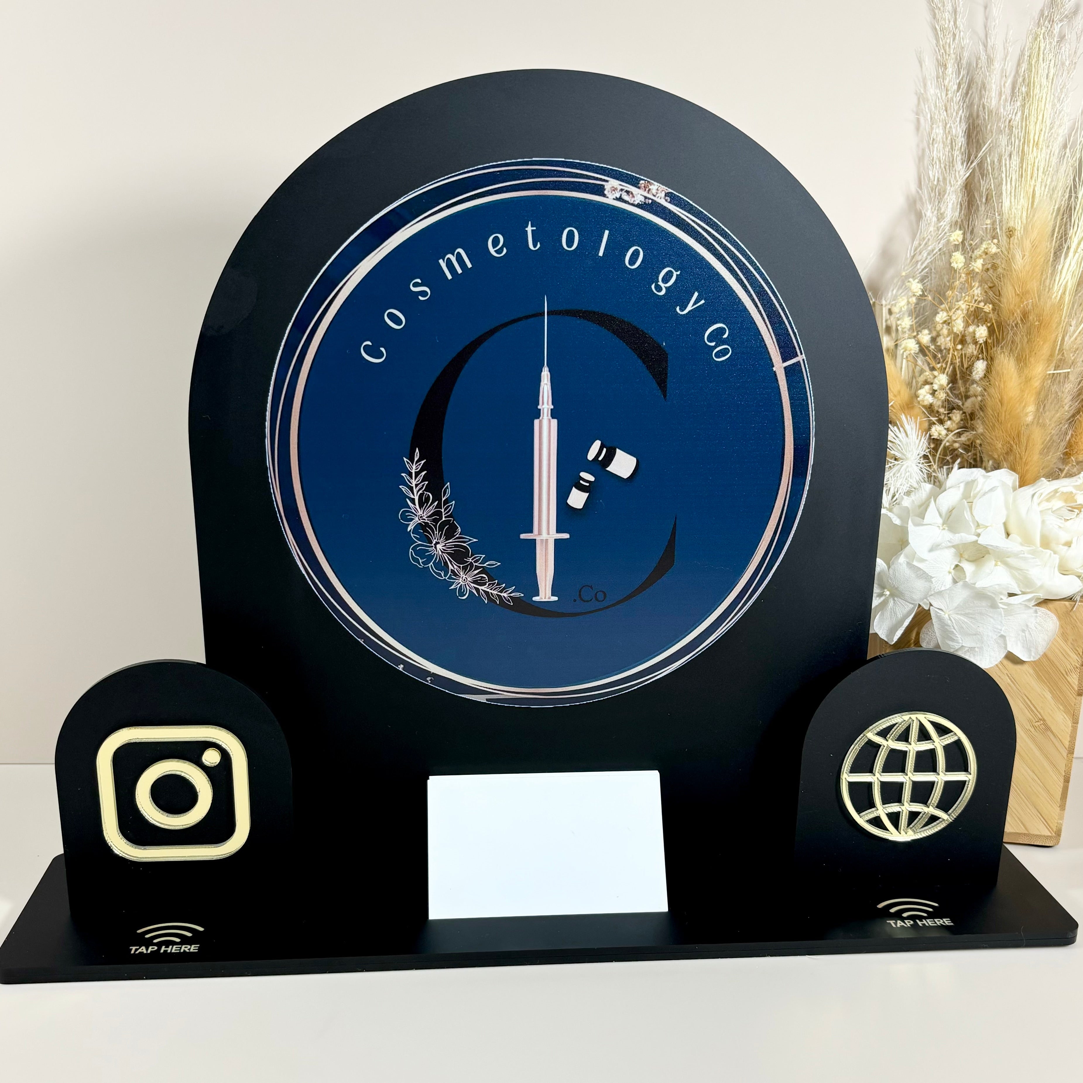 Modern NFC tap to connect business sign for salon counters – includes Instagram and web link icons, designed for Australian business owners