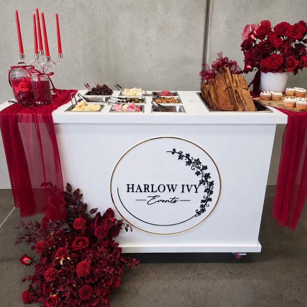 Custom grazing table cart signage for events, personalised catering cart business sign, acrylic event branding display, wedding and party dessert cart signage Australia