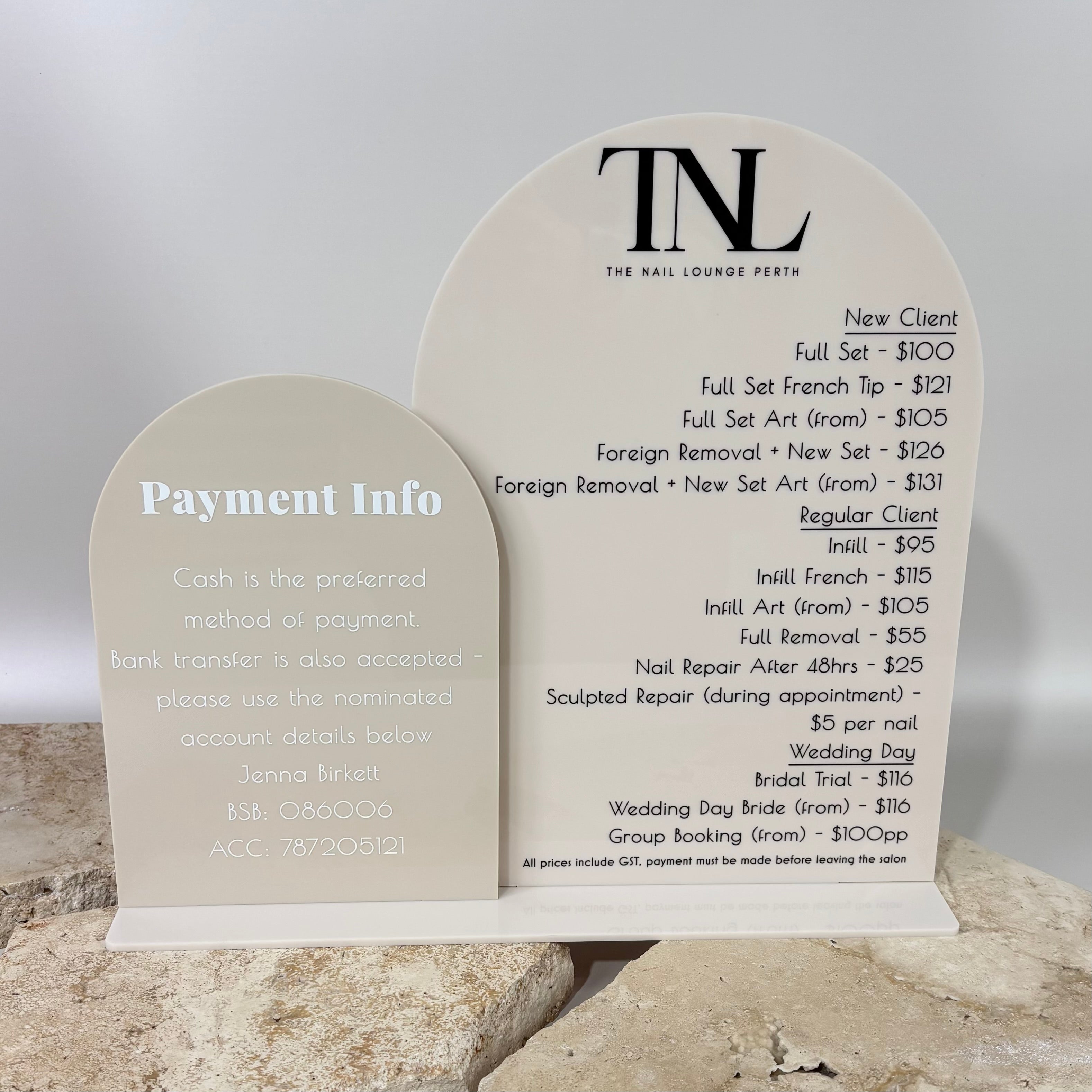 Double arch acrylic signage set with service list and drink options